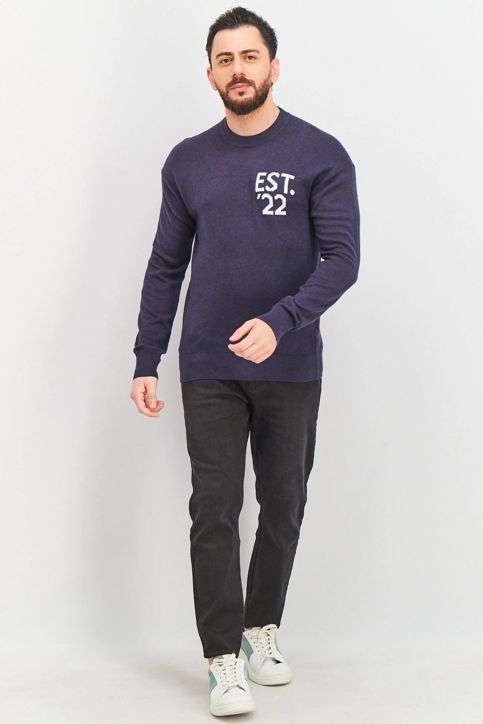 Men Crew Neck Embroidered Sweater, Navy Blue