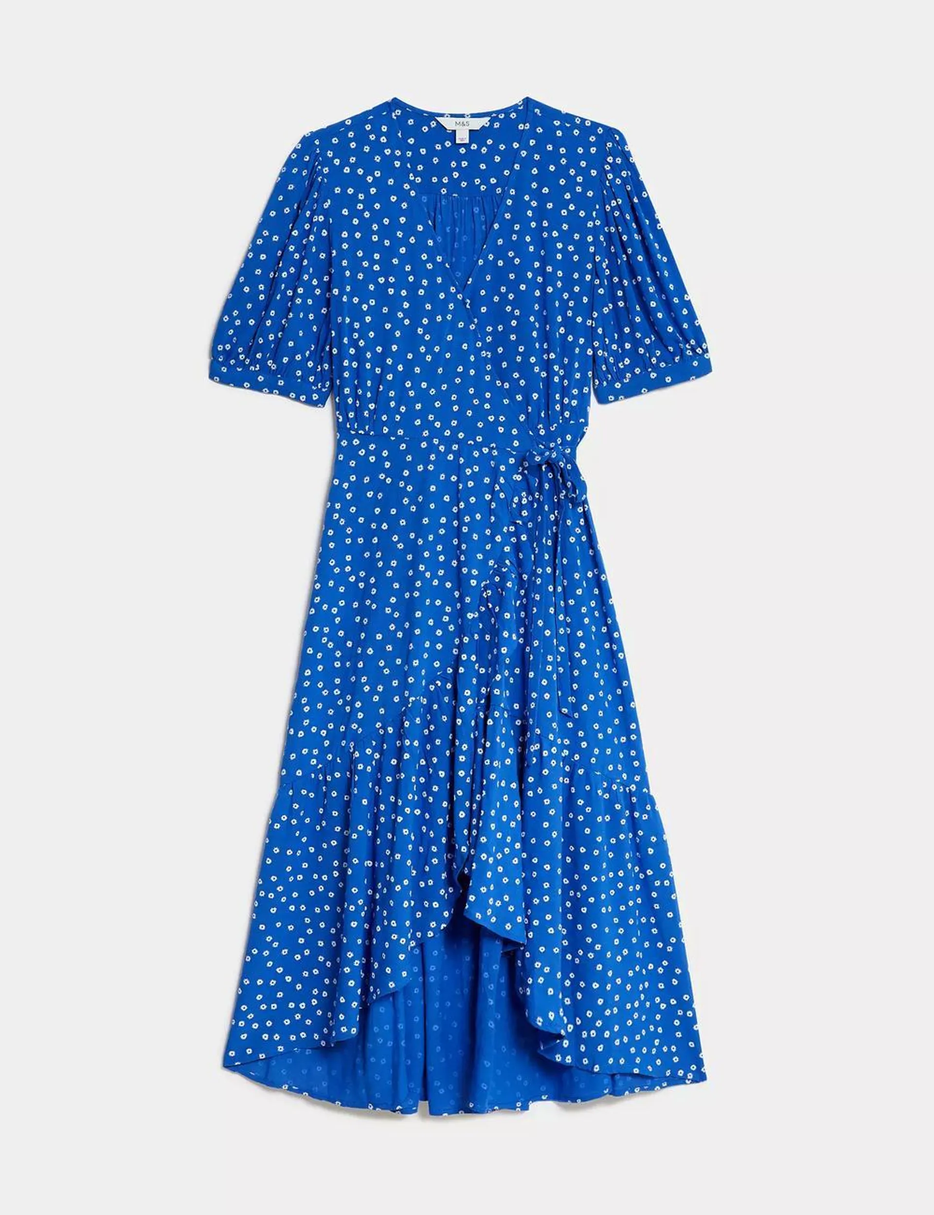 Printed V-Neck Midi Waisted Wrap Dress