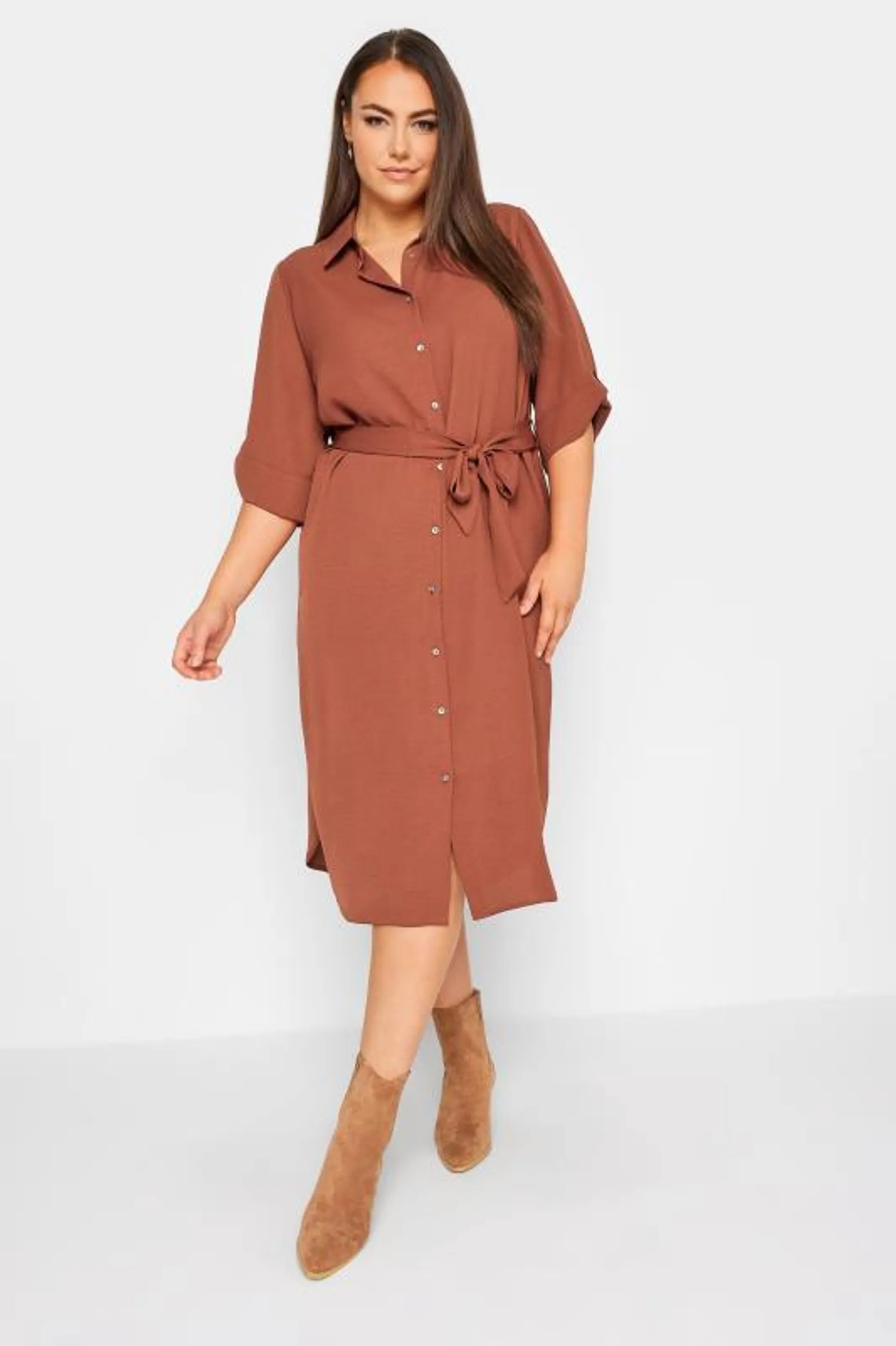 YOURS Curve Brown Midi Shirt Dress