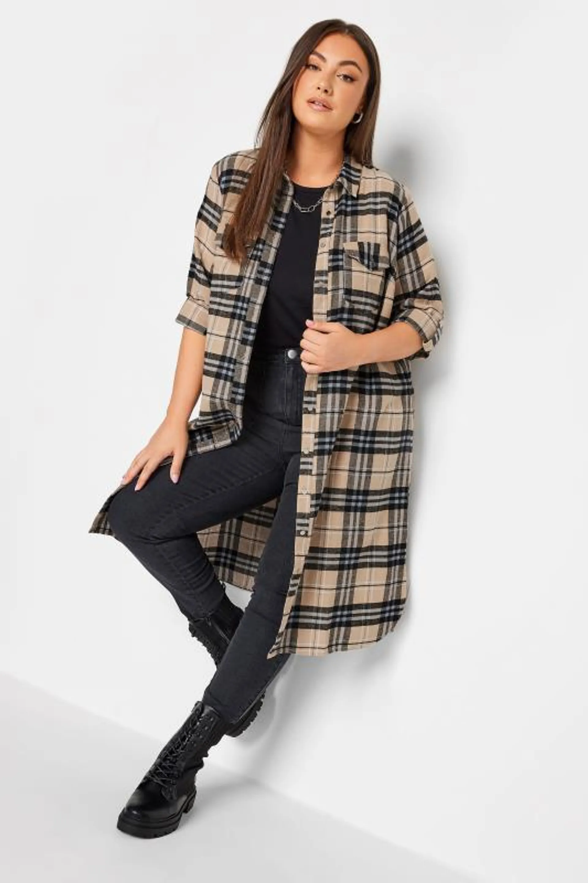 YOURS Curve Beige Brown Check Print Longline Shirt