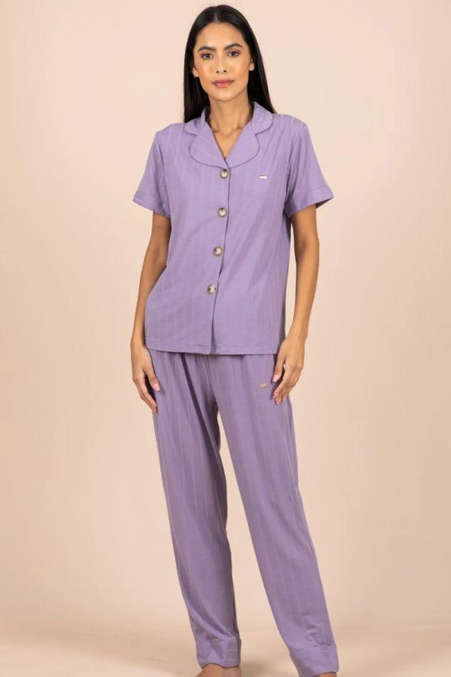 Ladies Dusky Purple Rib Button Through PJ