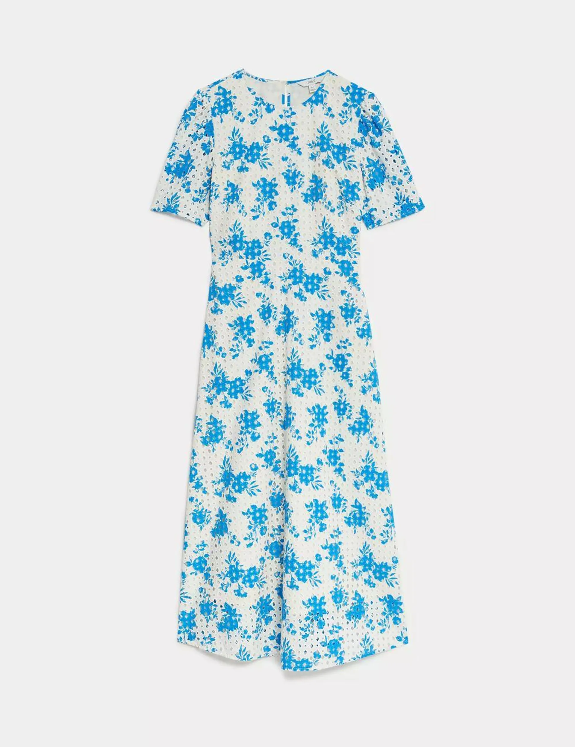 Pure Cotton Floral Cutwork Detail Midi Tea Dress