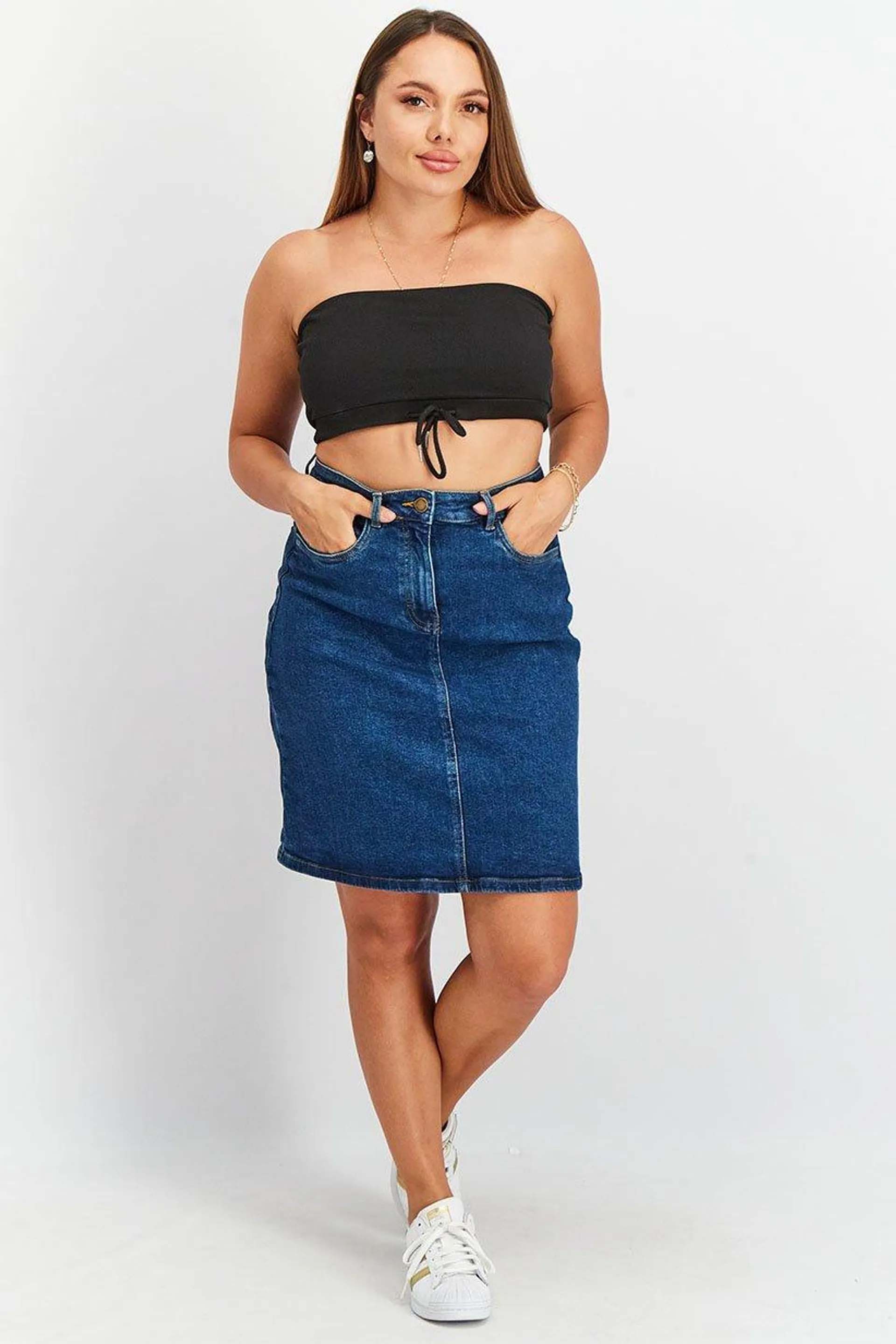 Women Plain Midi Denim Skirt, Blue