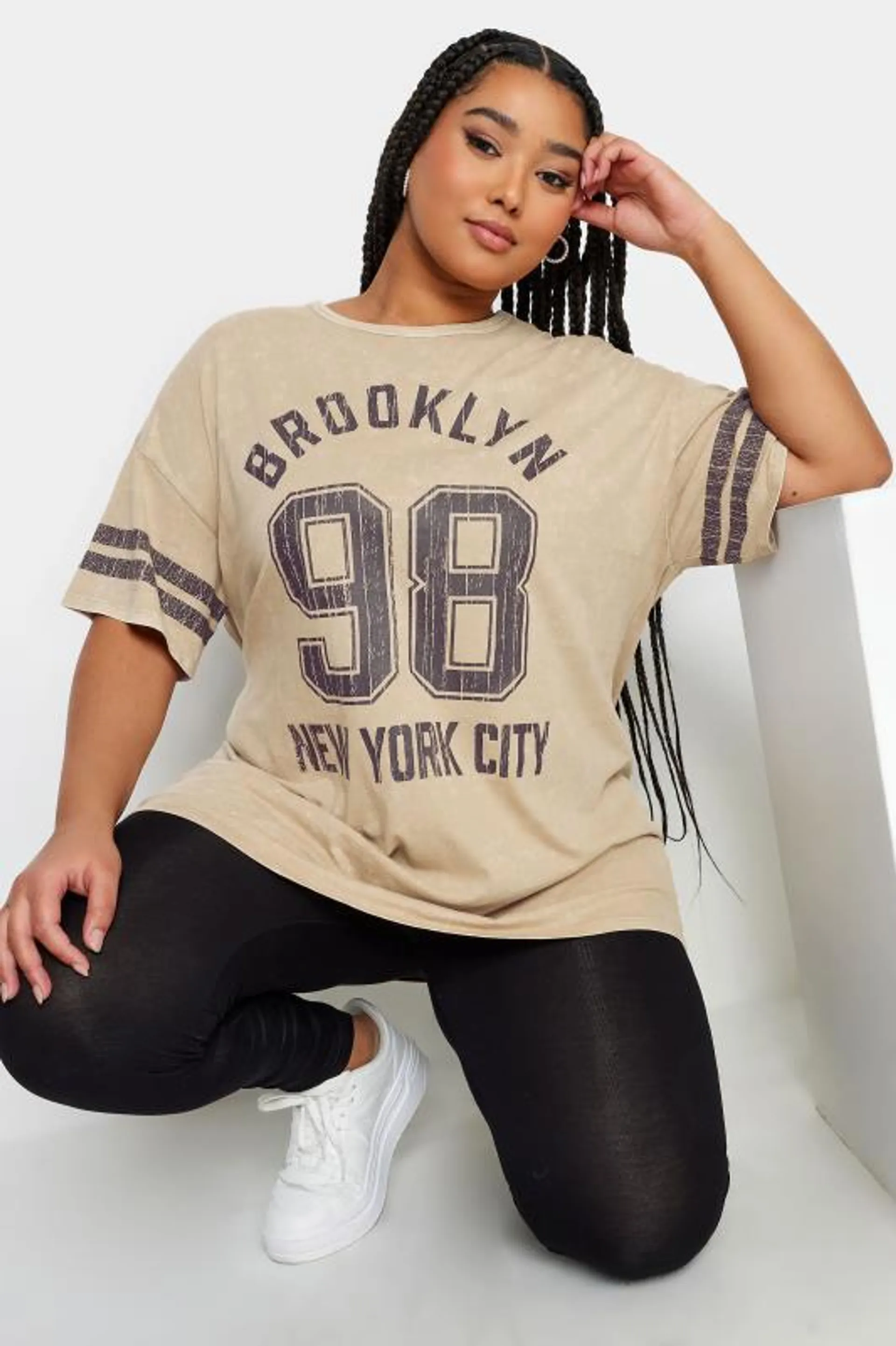 YOURS Curve Beige Brown 'Brooklyn' Slogan Acid Wash Varsity T-Shirt