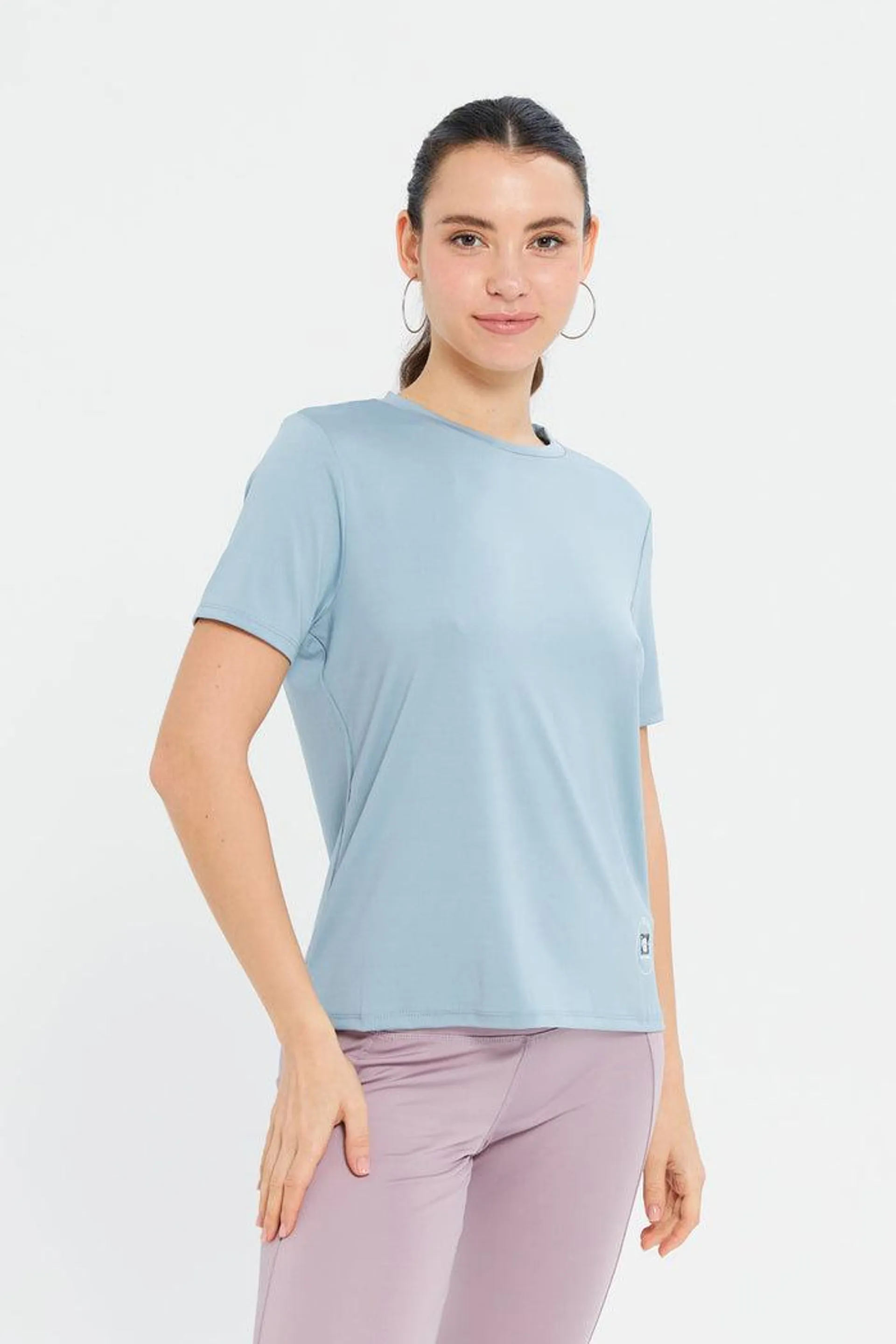 Women Blue Placement Print Performance Active T-Shirt