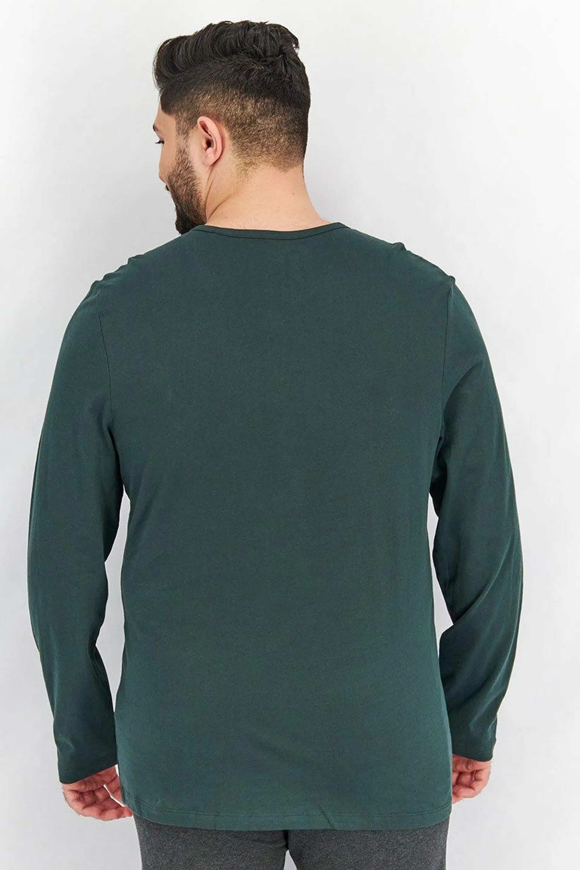 Men 2 Pcs Crew Neck Long Sleeves Plain Henley T-Shirt, Charcoal/Dark Green