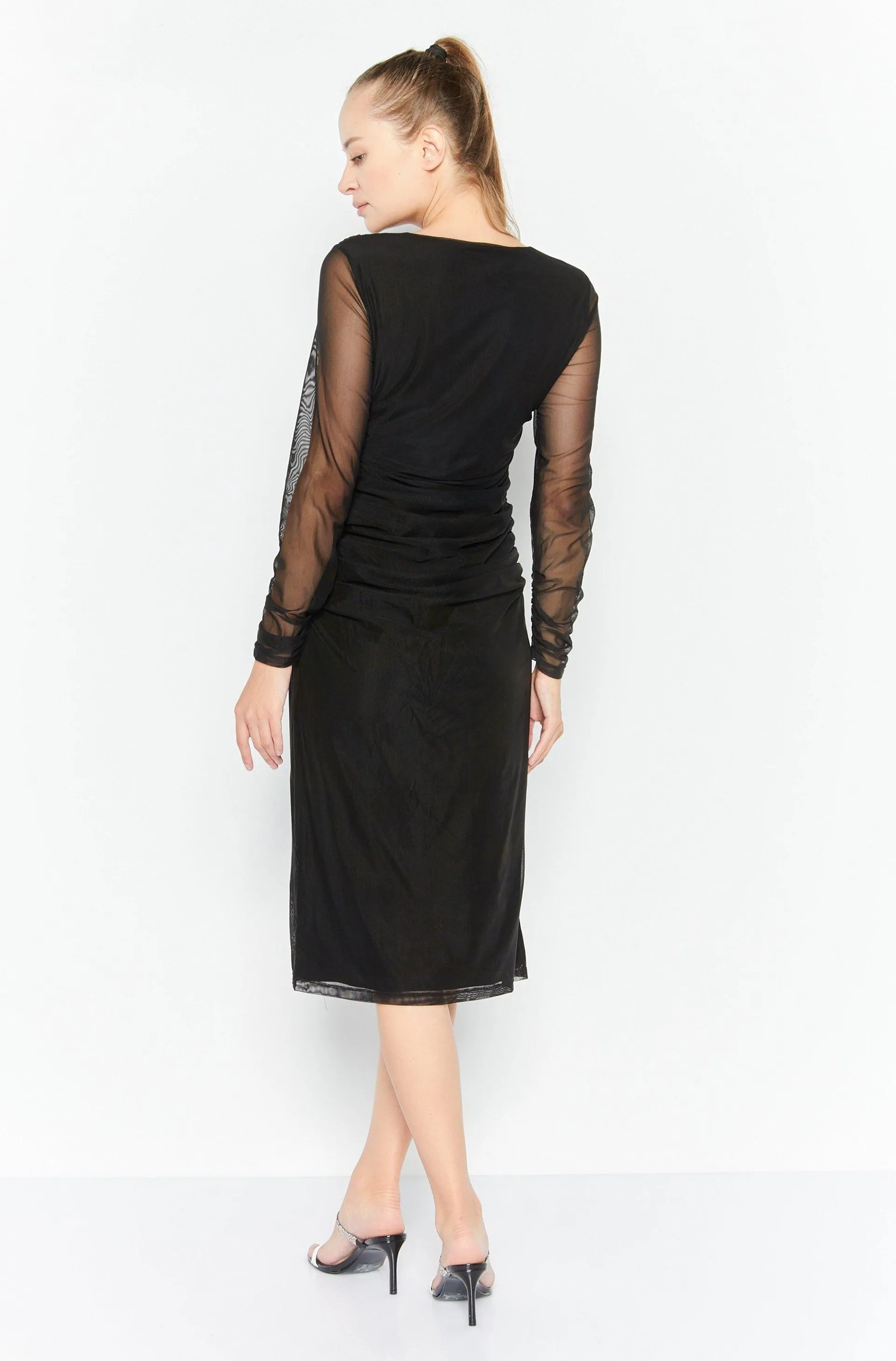 Women Ruched Sheer Sleeve Midi Dress, Black