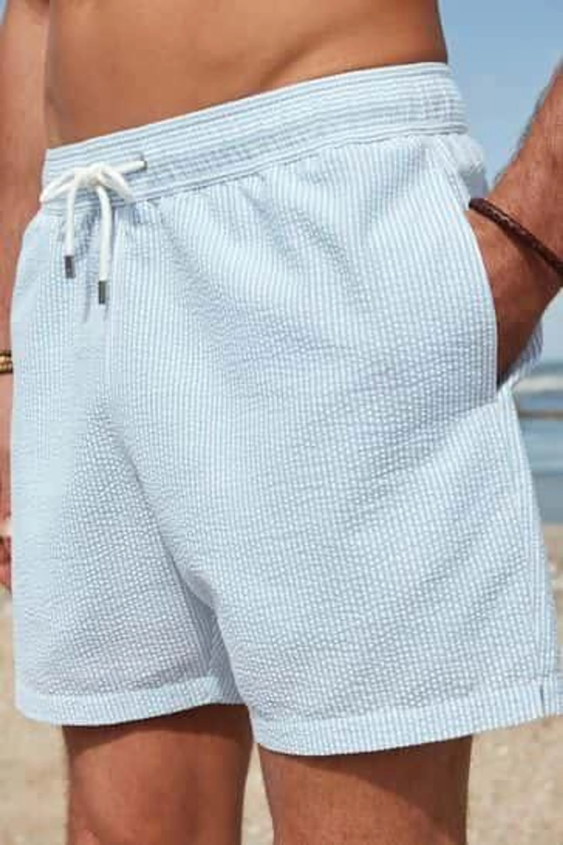 Blue and White Seersucker Striped Premium Swim Shorts