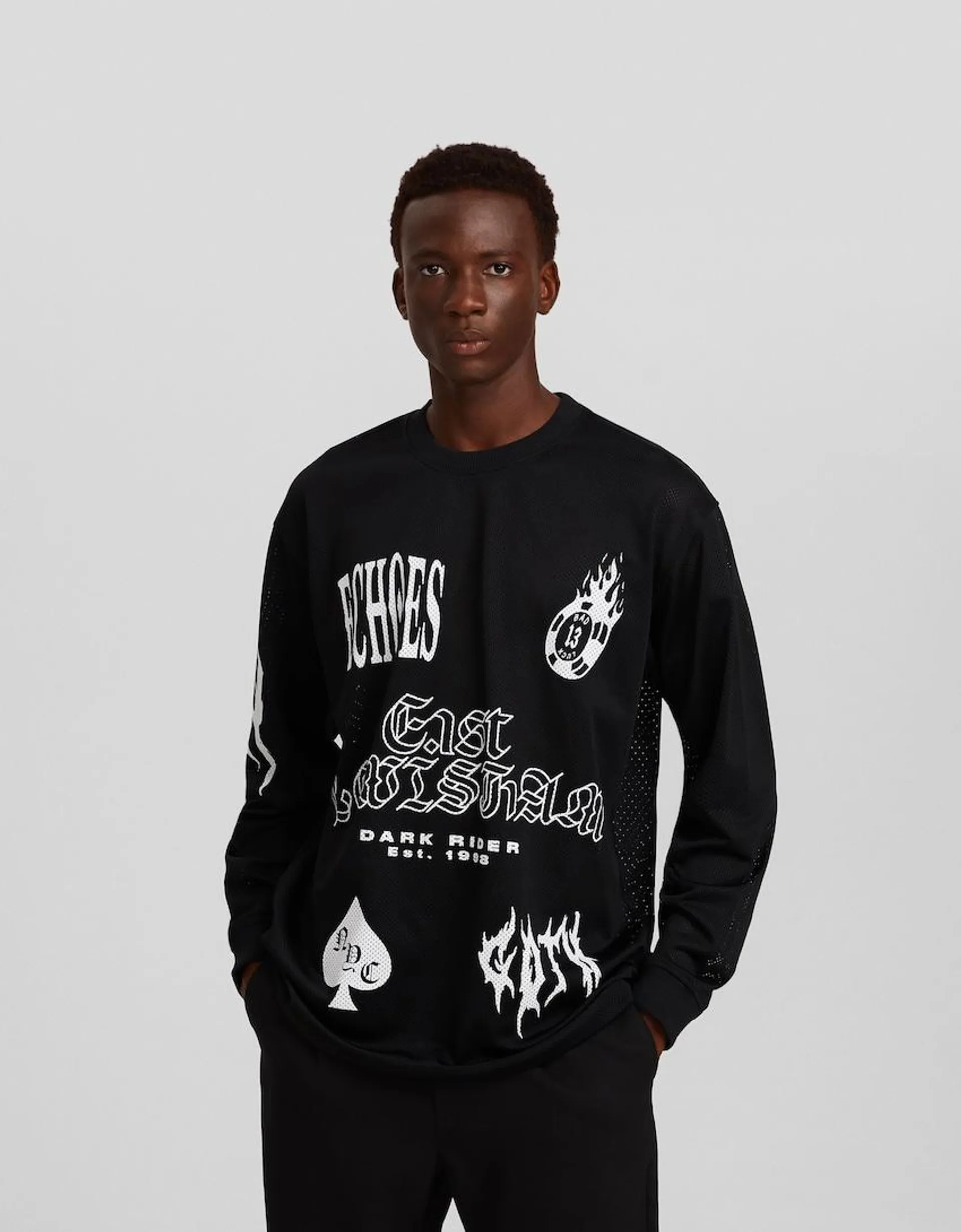 Long sleeve mesh print T-shirt