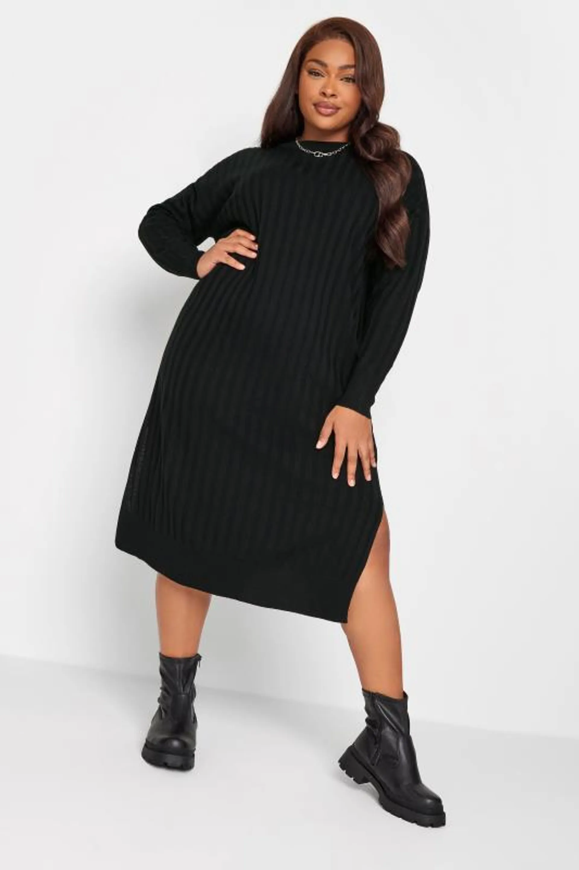 YOURS Curve Black Ribbed Midi Jumper Dress