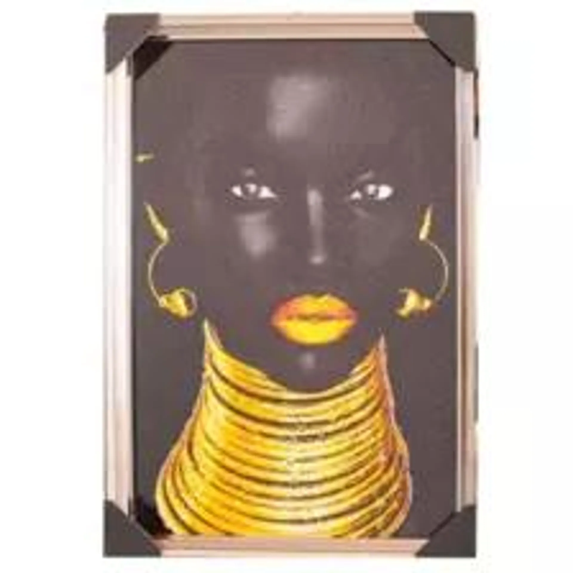 Black and Gold African Lady With Neck Rings Closeup Potrait Framed Canvas Wall Art - 34x64 cm