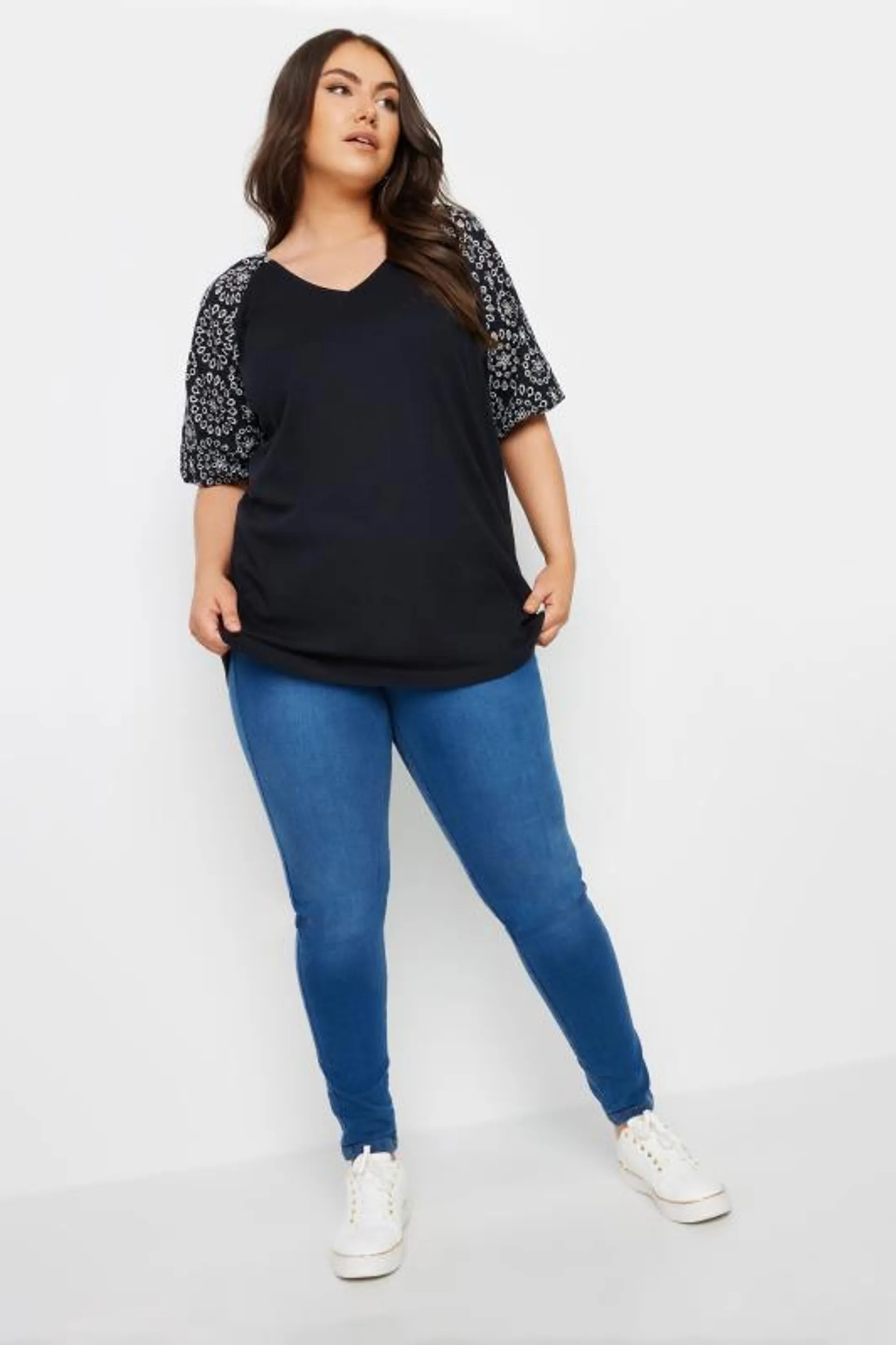 YOURS Curve Black Broderie Anglaise Sleeve T-Shirt