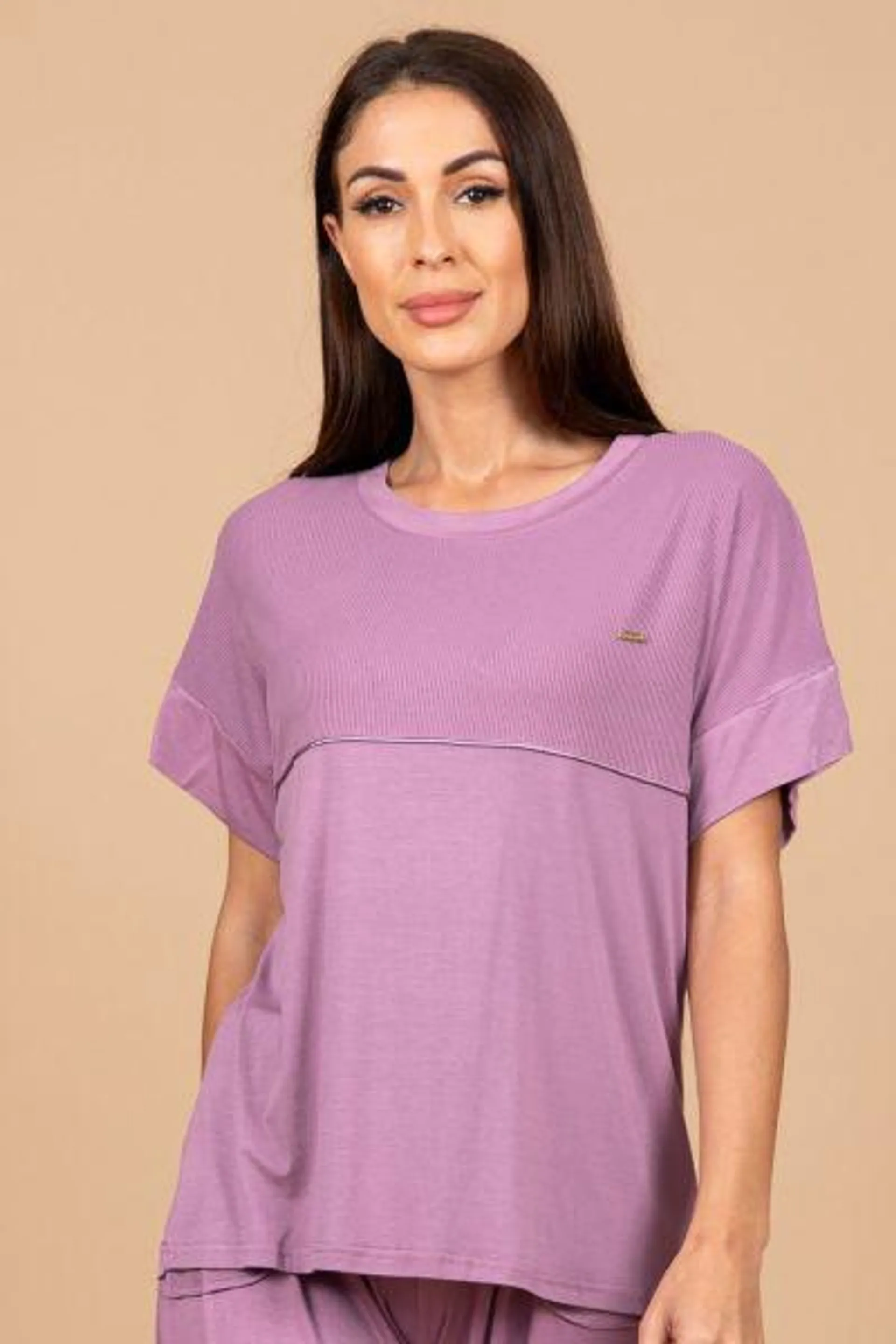 Ladies Mauve Rib Trim Lounge Top