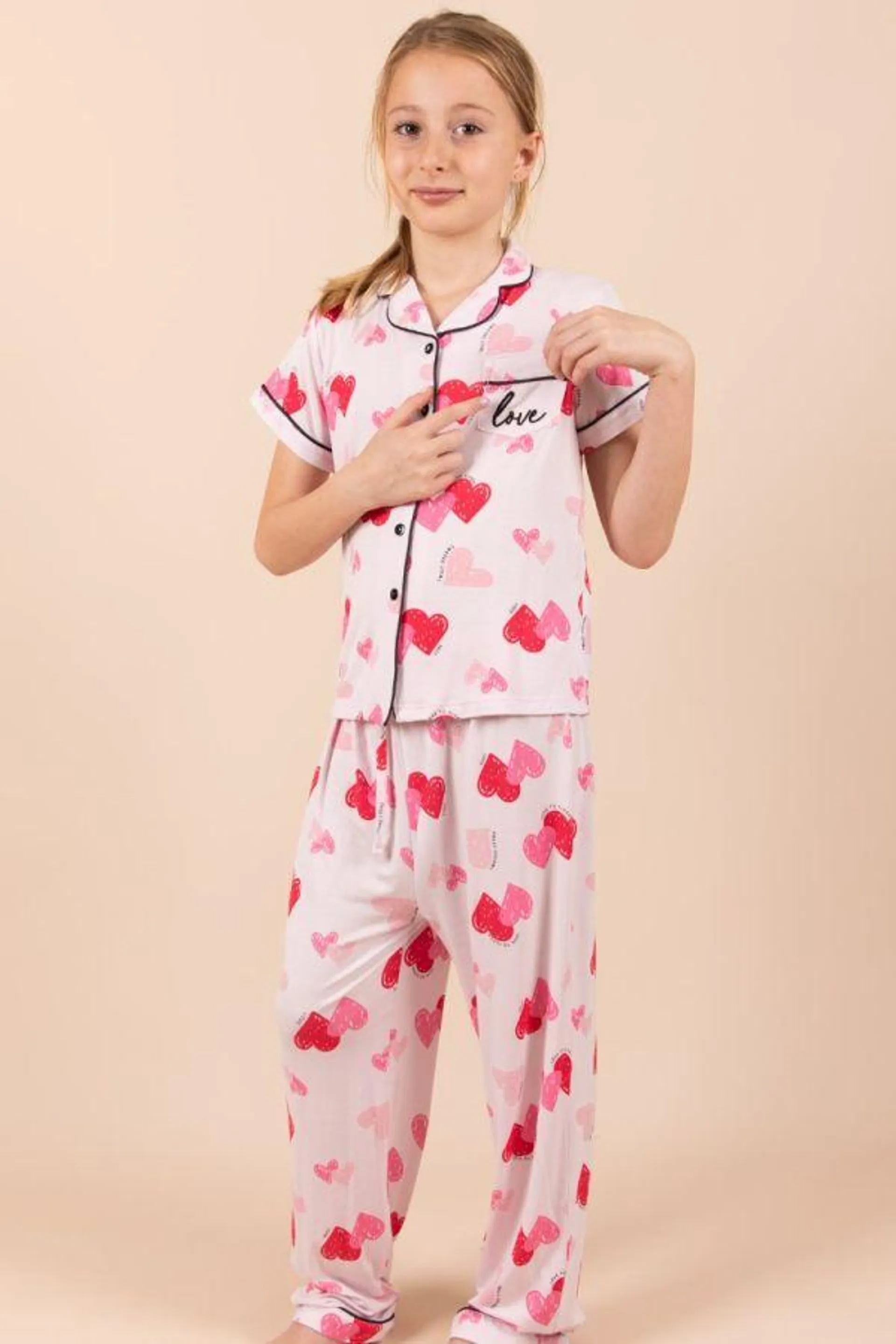 Girls Pink Heart Button Through PJ