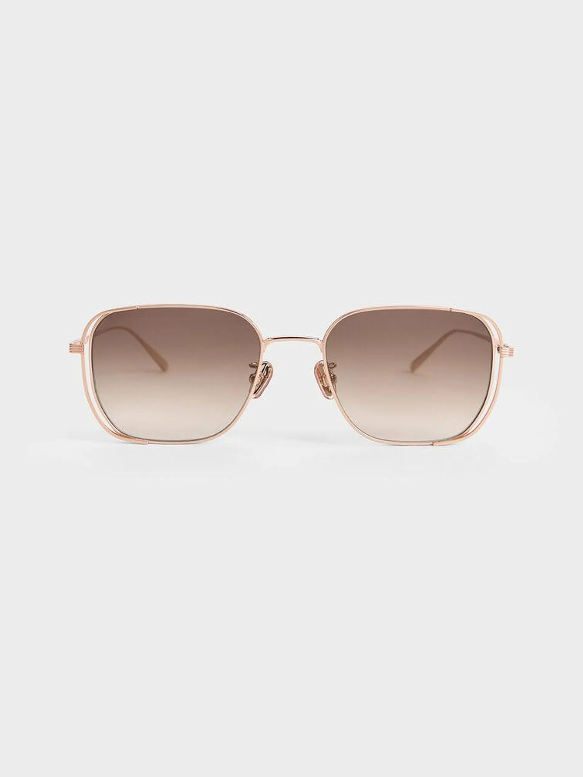 Metallic-Rim Rectangular Sunglasses - Rose Gold