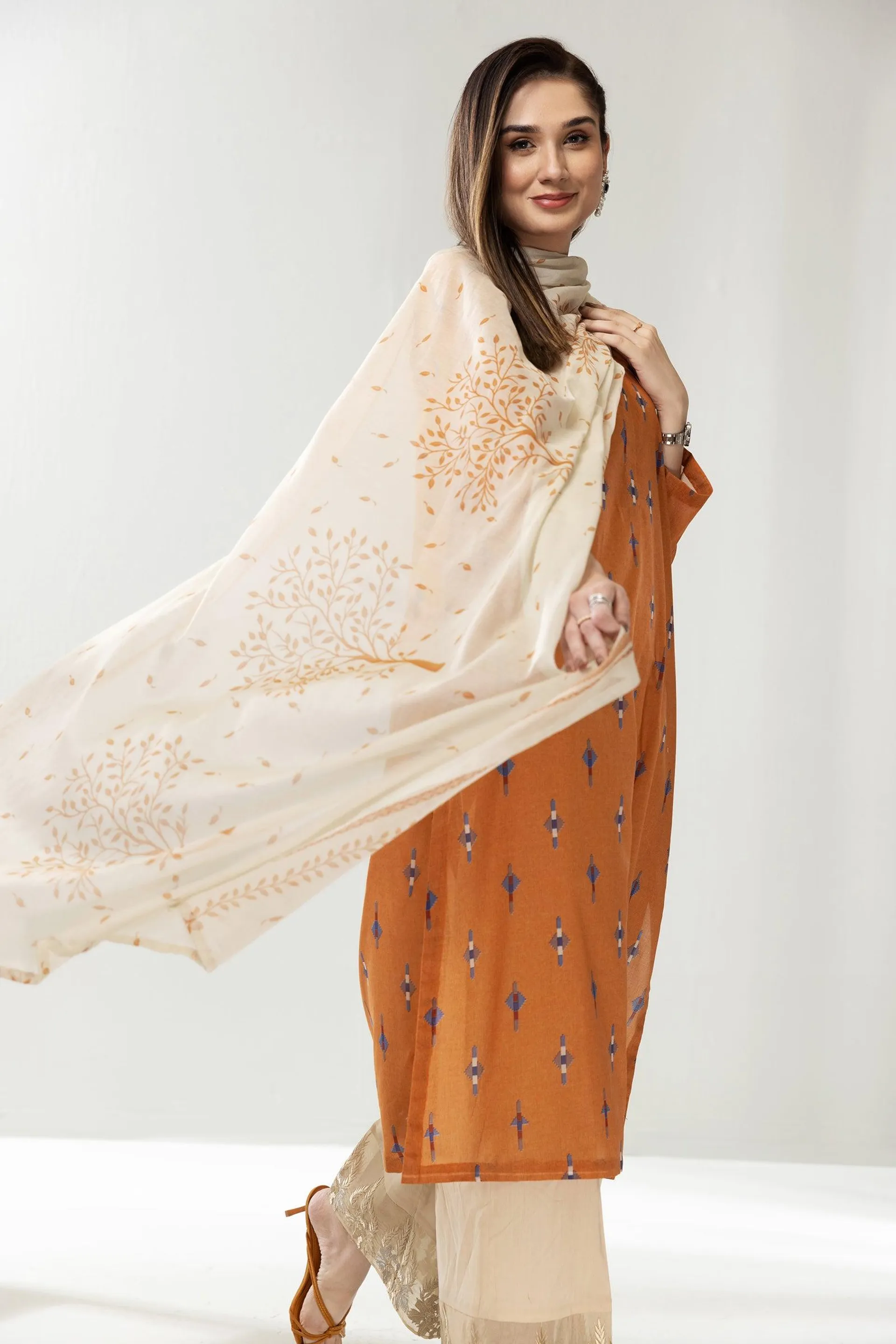 PE22-95-Band Neck Printed Shirt with Dupatta 2PC