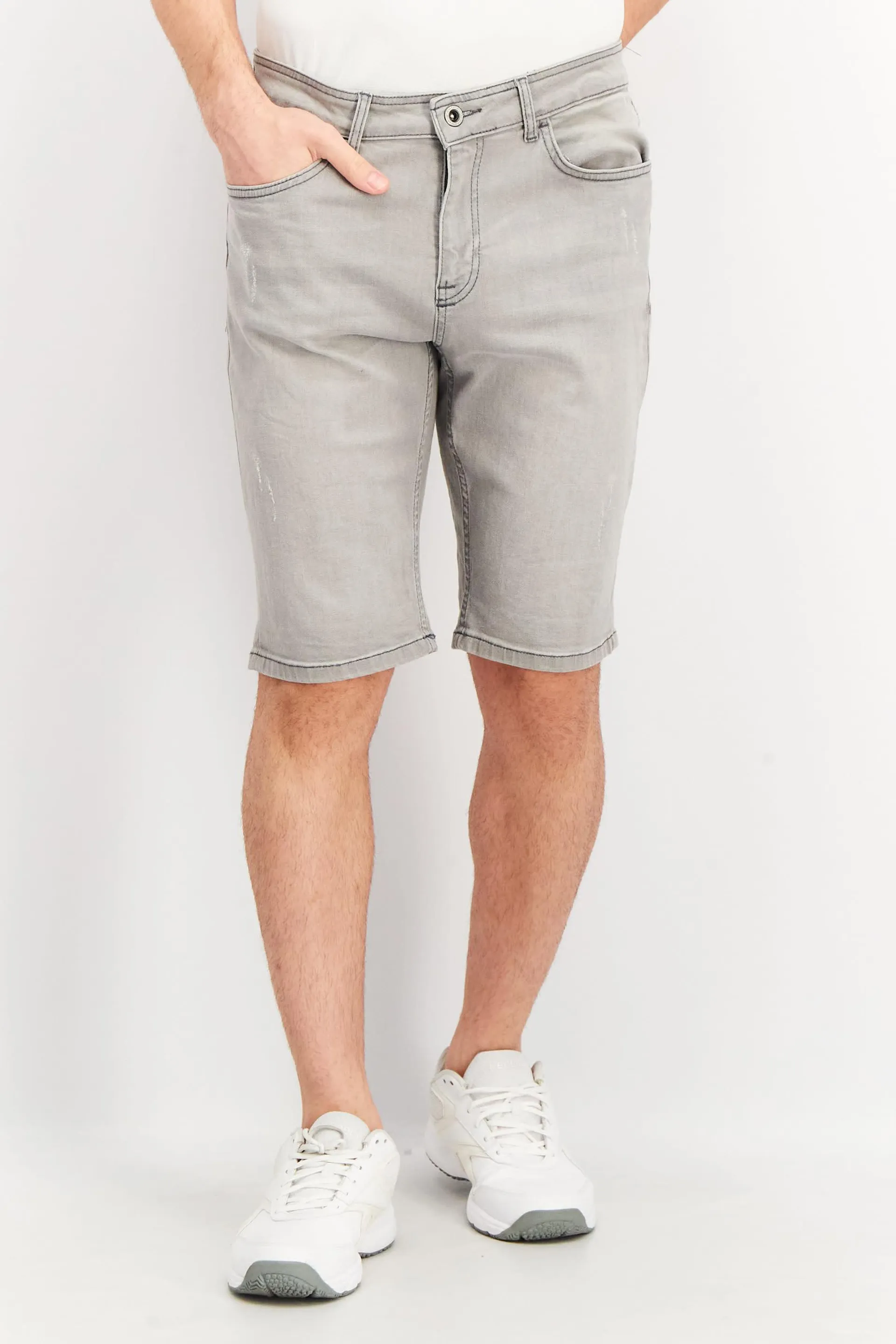 Men Slim Fit Wash Solid Denim Short, Grey