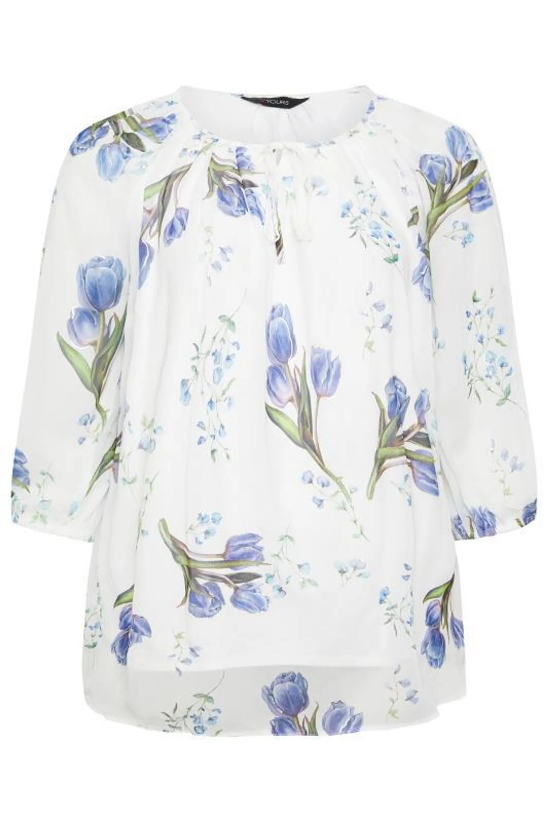 YOURS Curve White & Blue Floral Print Tie Neck Blouse