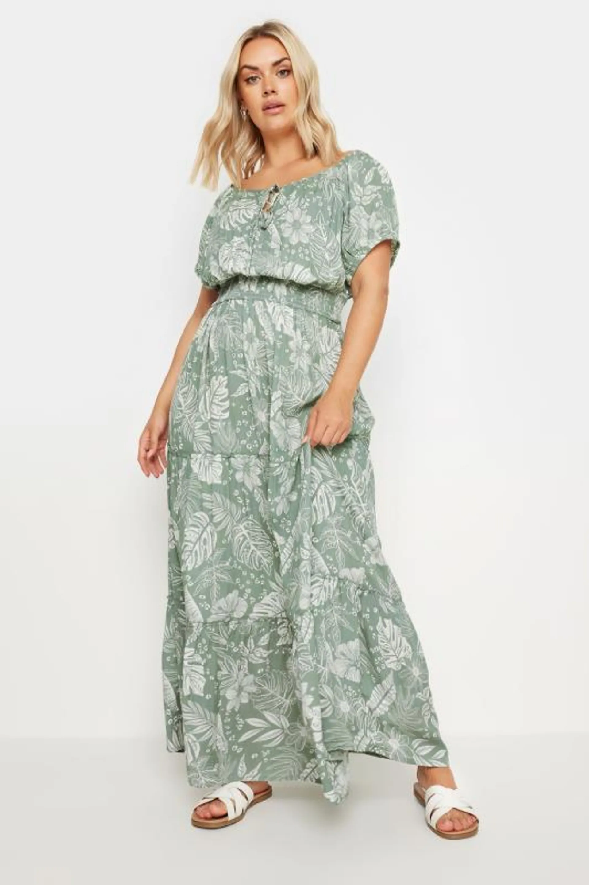 YOURS Curve Green Floral Print Tie Front Maxi Dress