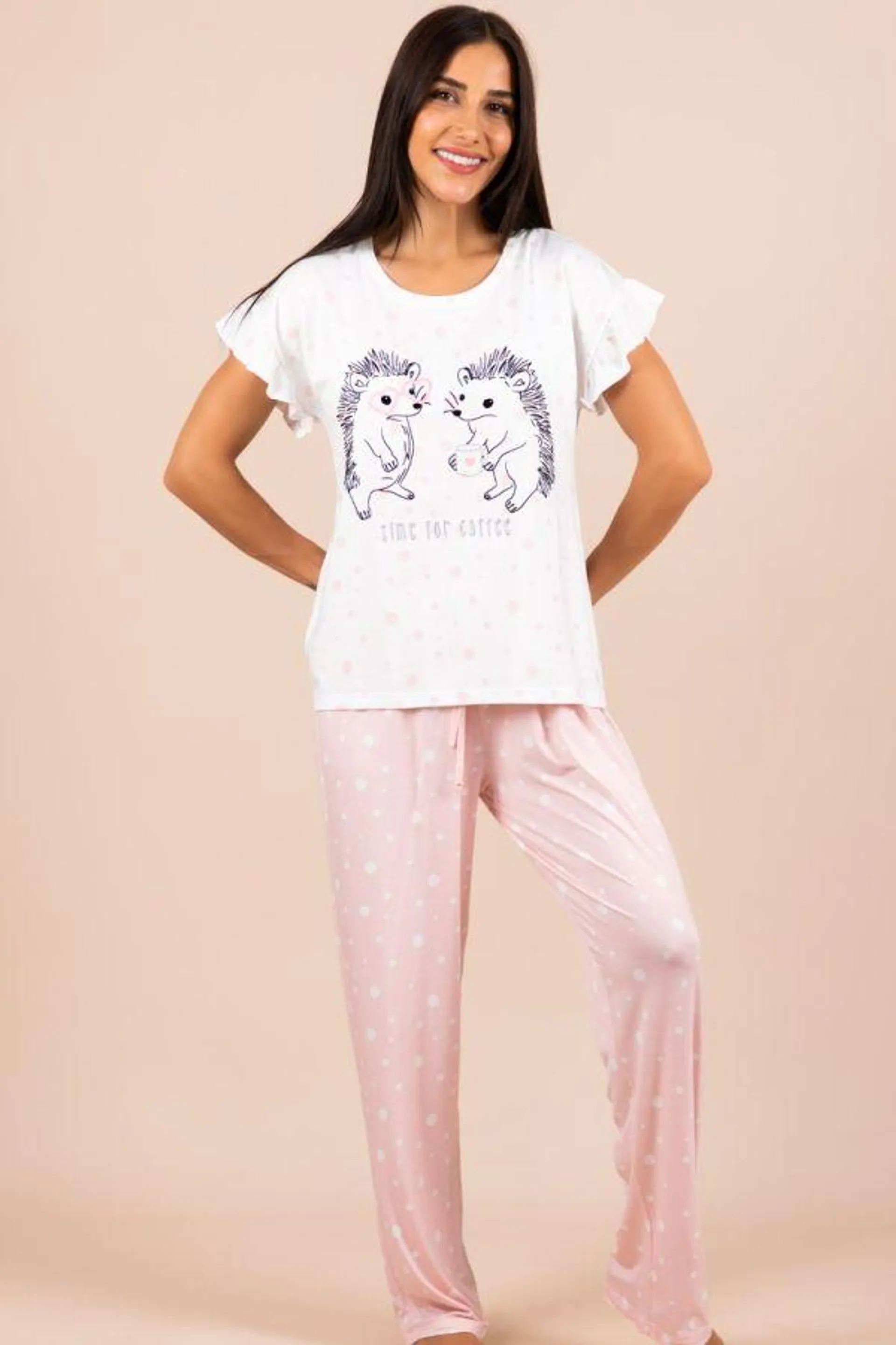 Ladies White Pink Spot Hedgehog PJ