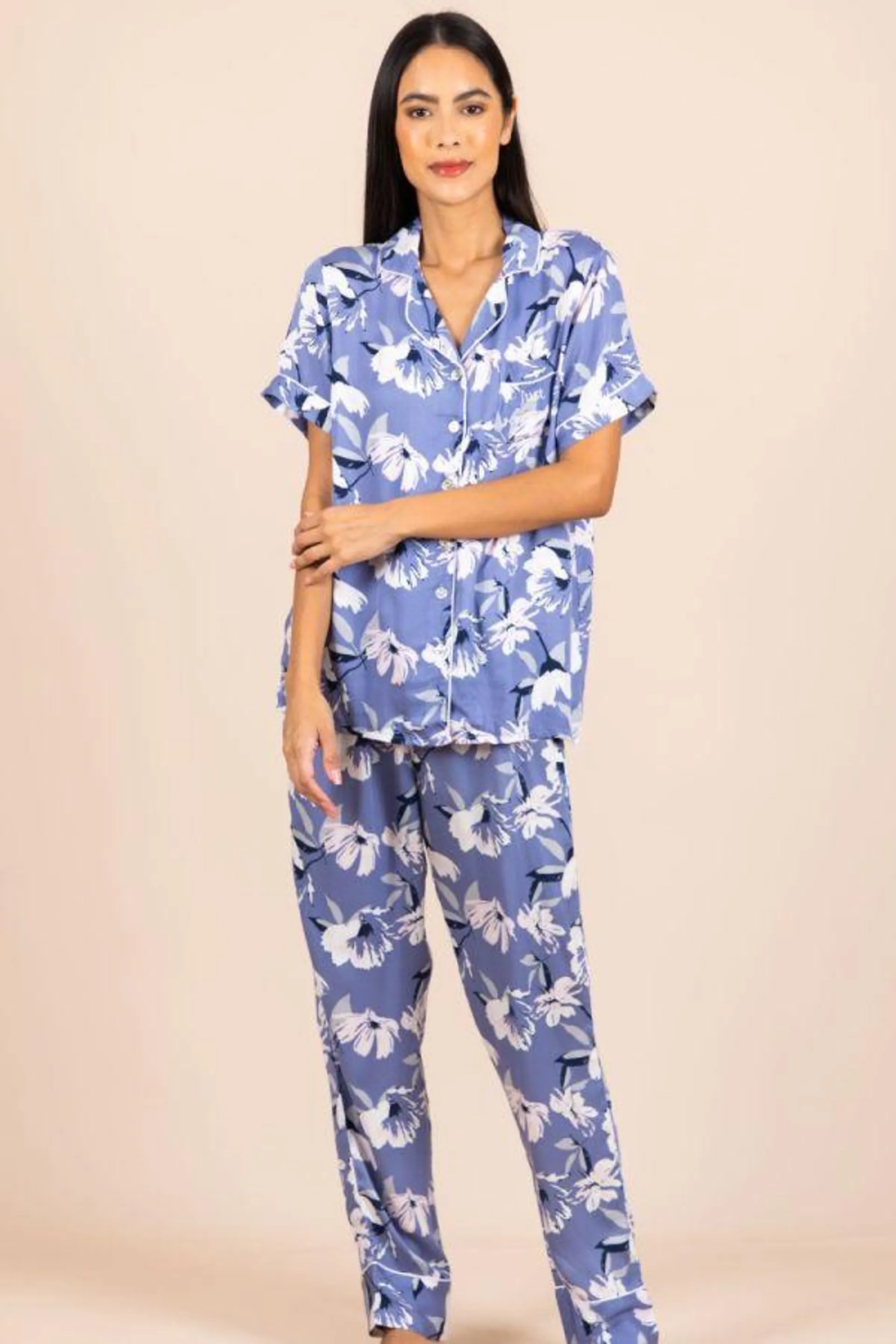 Ladies Blue Floral Button Through PJ