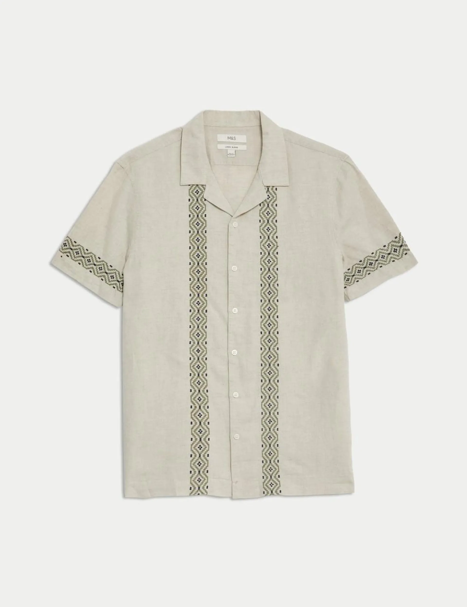 Cotton Linen Blend Embroidered Border Shirt