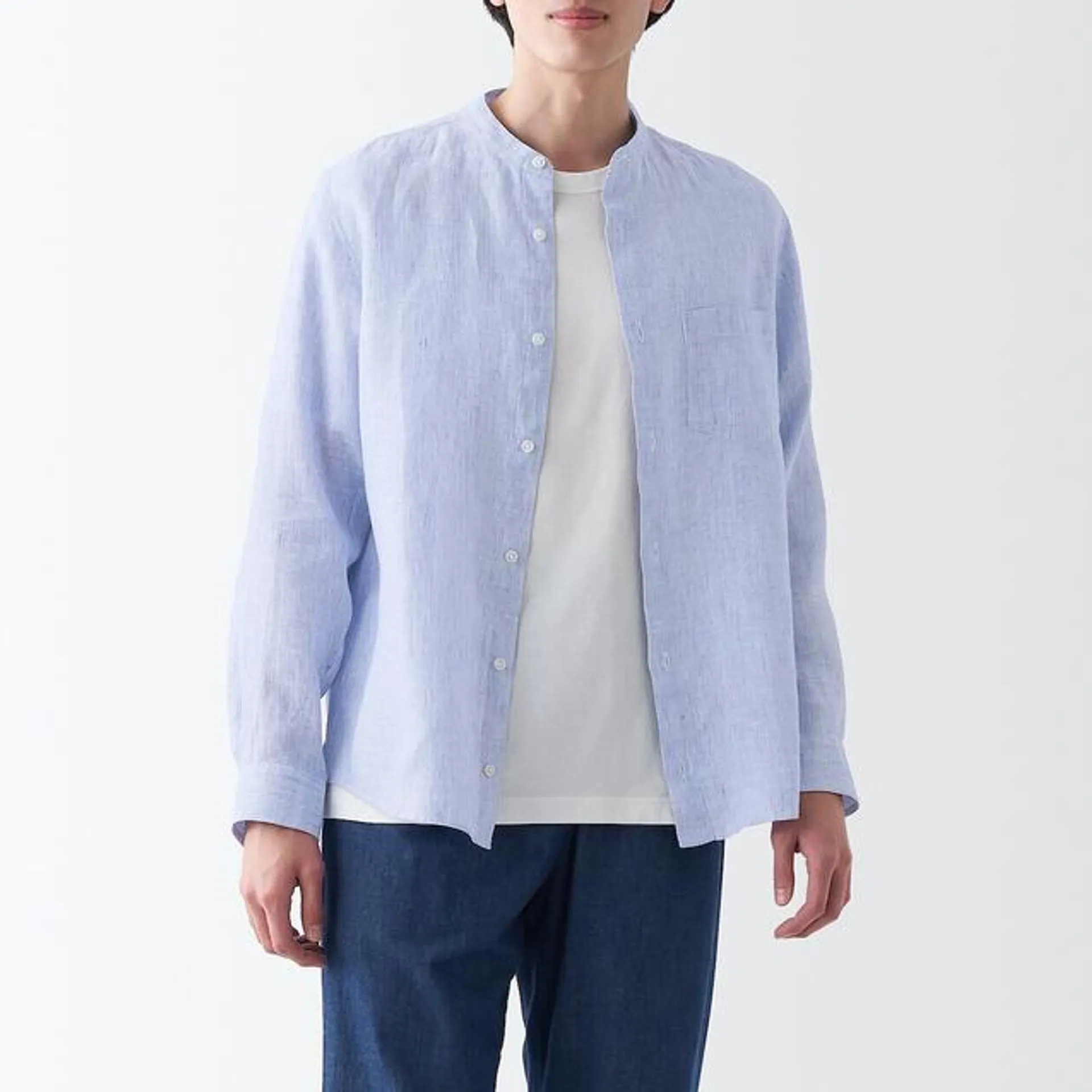 French Linen Washed Stand Collar Shirt