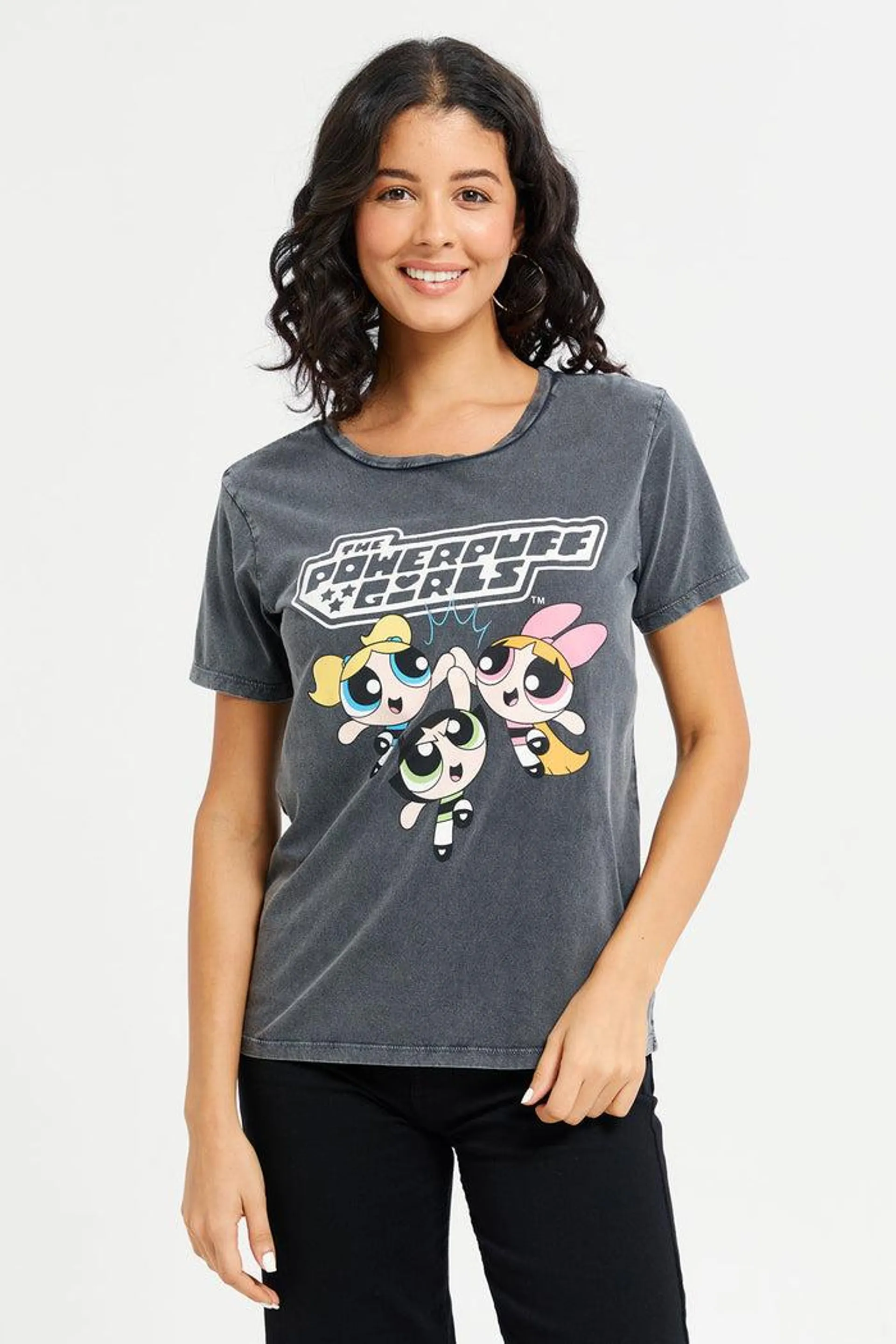 Women Charcoal Power Puff Printed T-Shirt