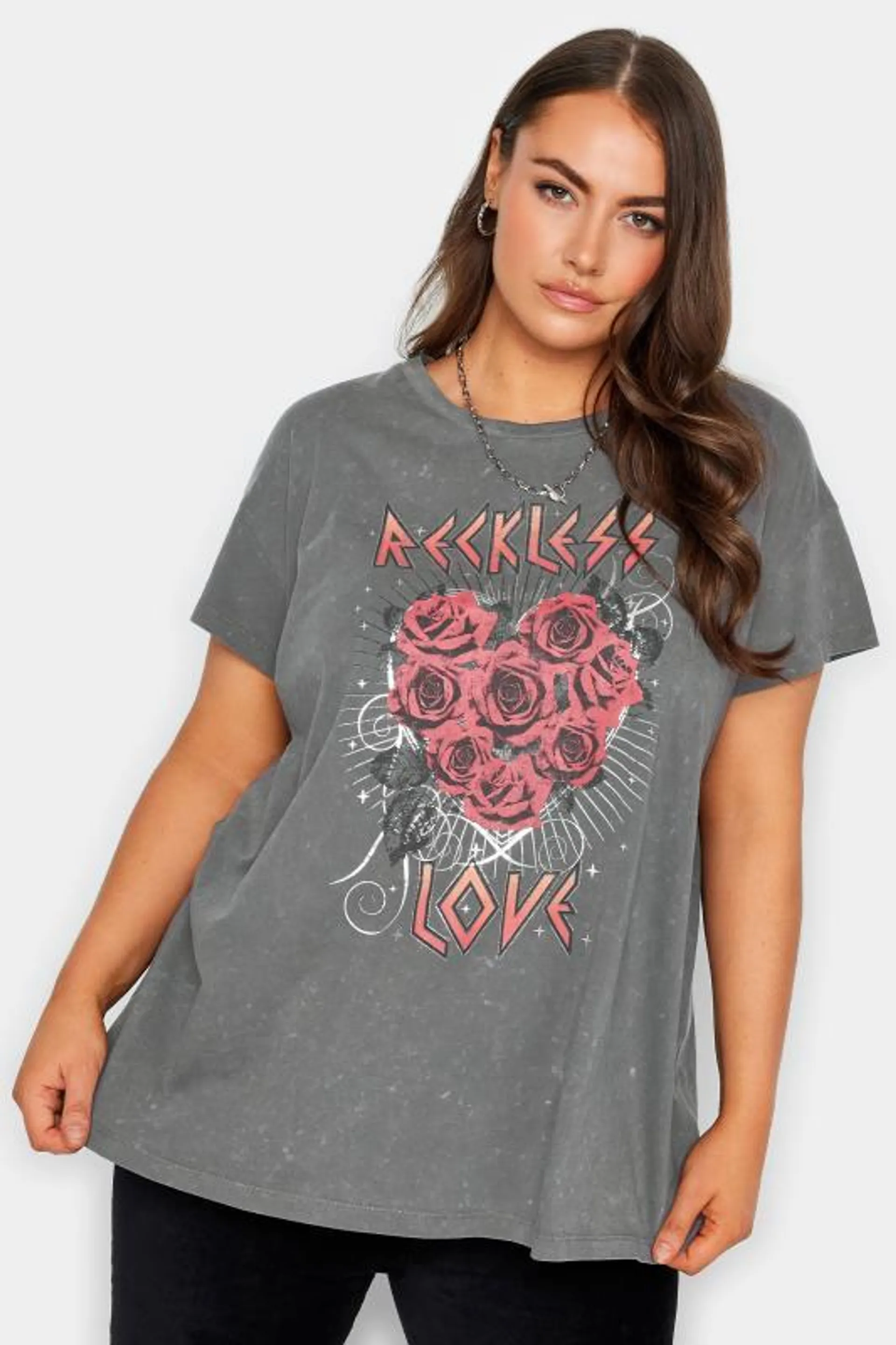 YOURS Curve Black 'Reckless Love' Slogan T-Shirt