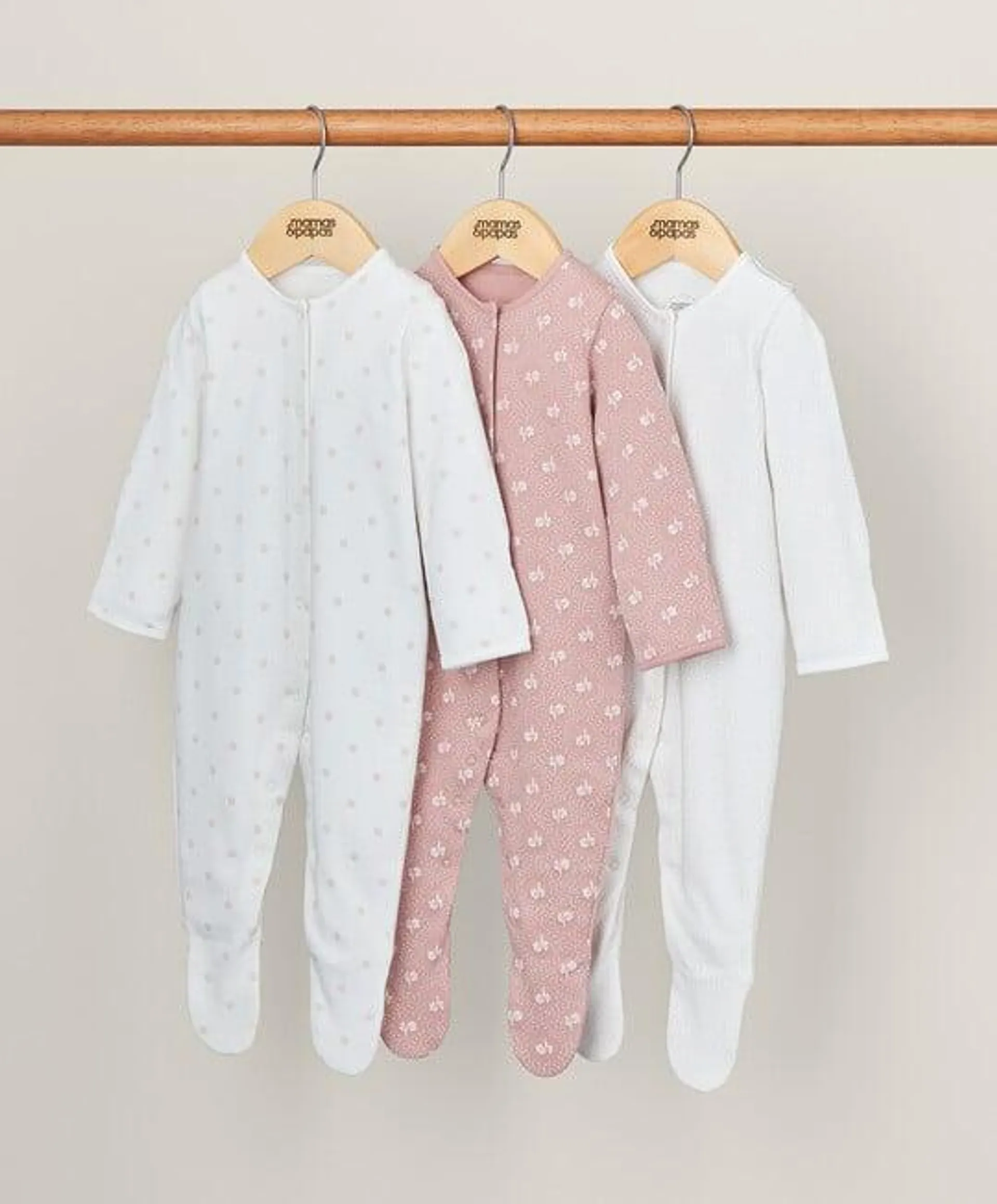 Long-Sleeved Sleepsuits (Pack of 3) - Pink