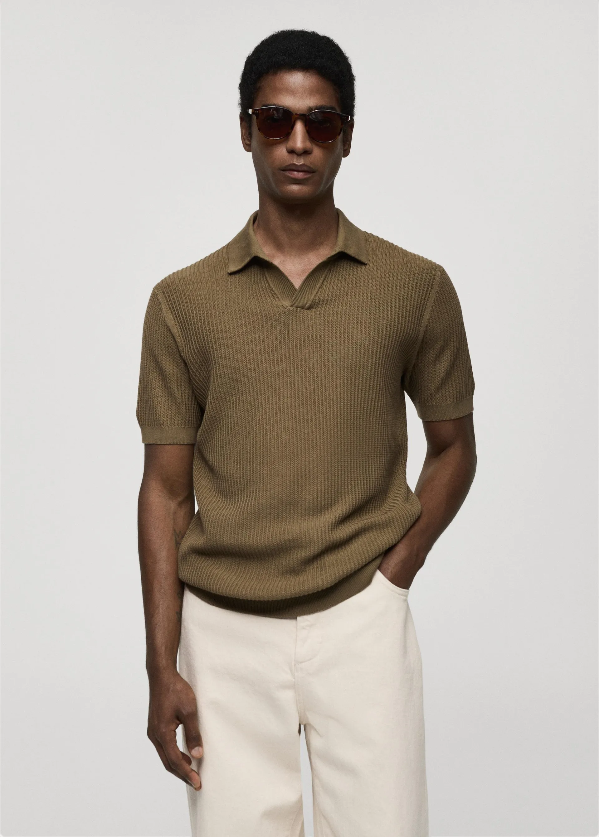 Ribbed cotton knitted polo shirt