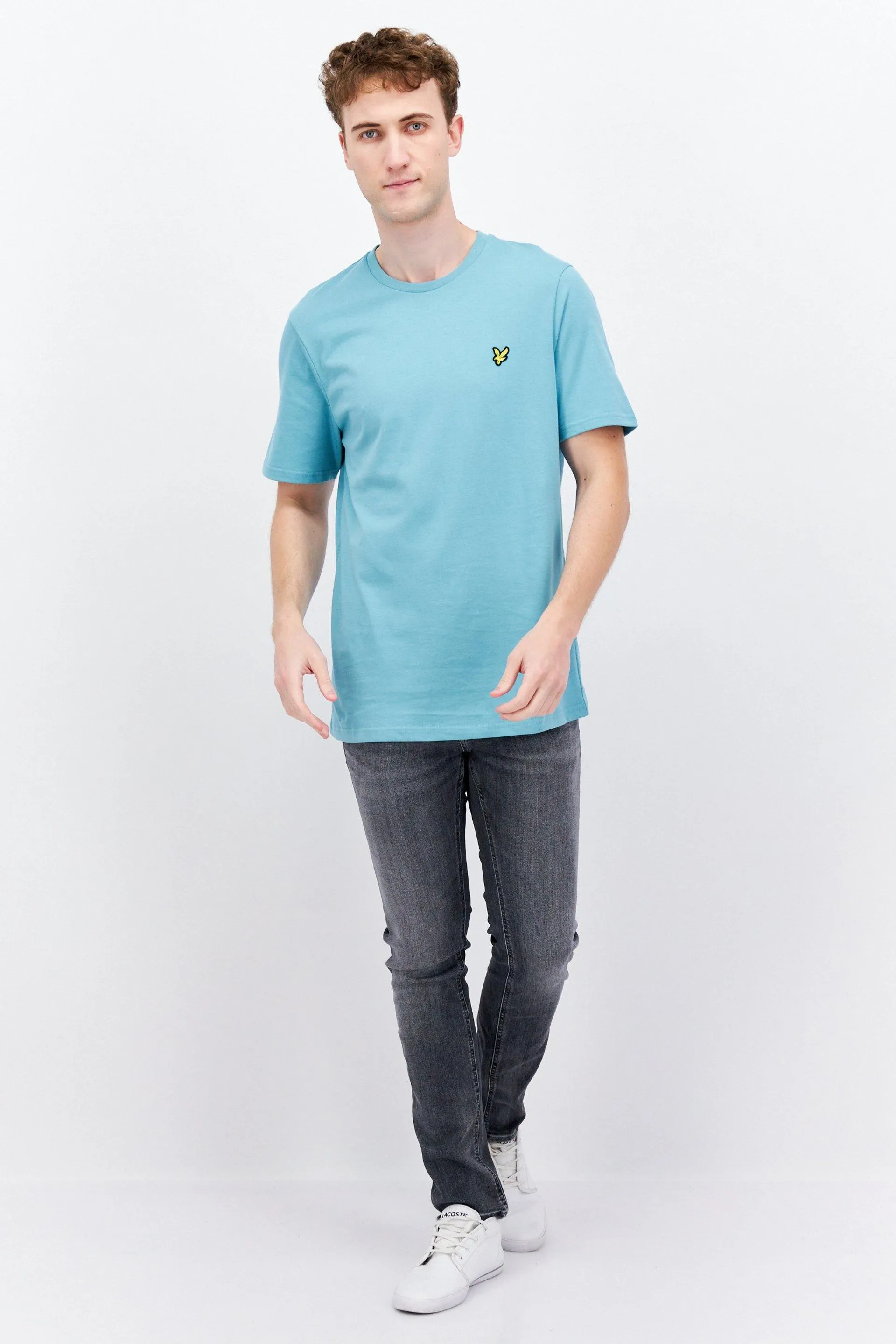 Men Round Neck Short Sleeve Embroidered Logo T Shirt, Turquoise