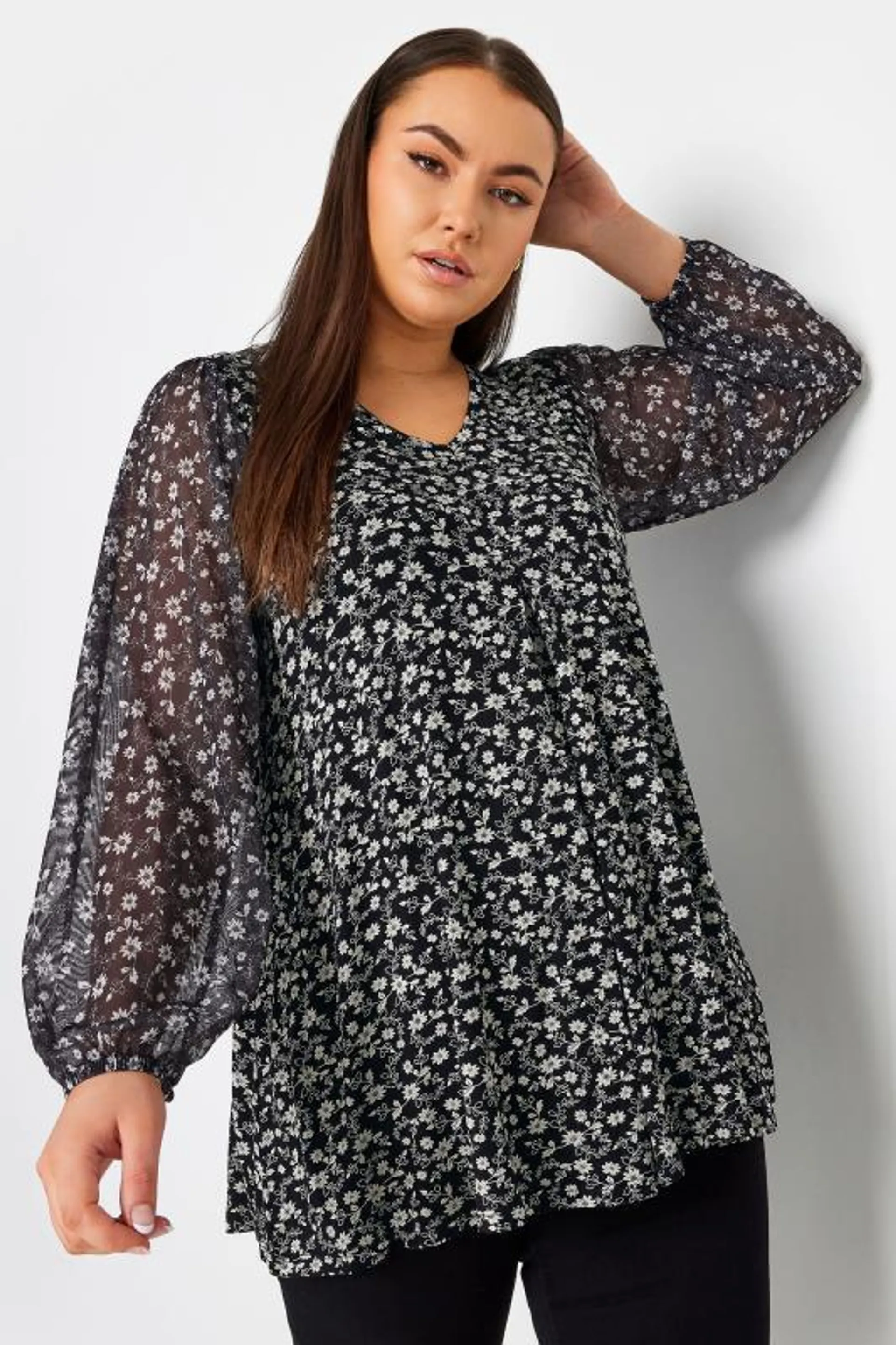 YOURS Curve Black Floral Print Mesh Sleeve Top