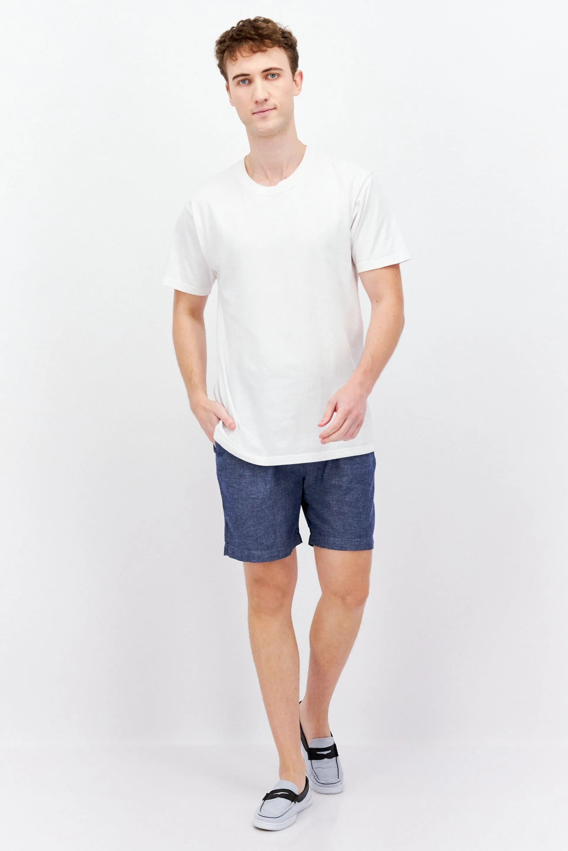 Men Chambray Linen Basic Shorts, Navy Blue