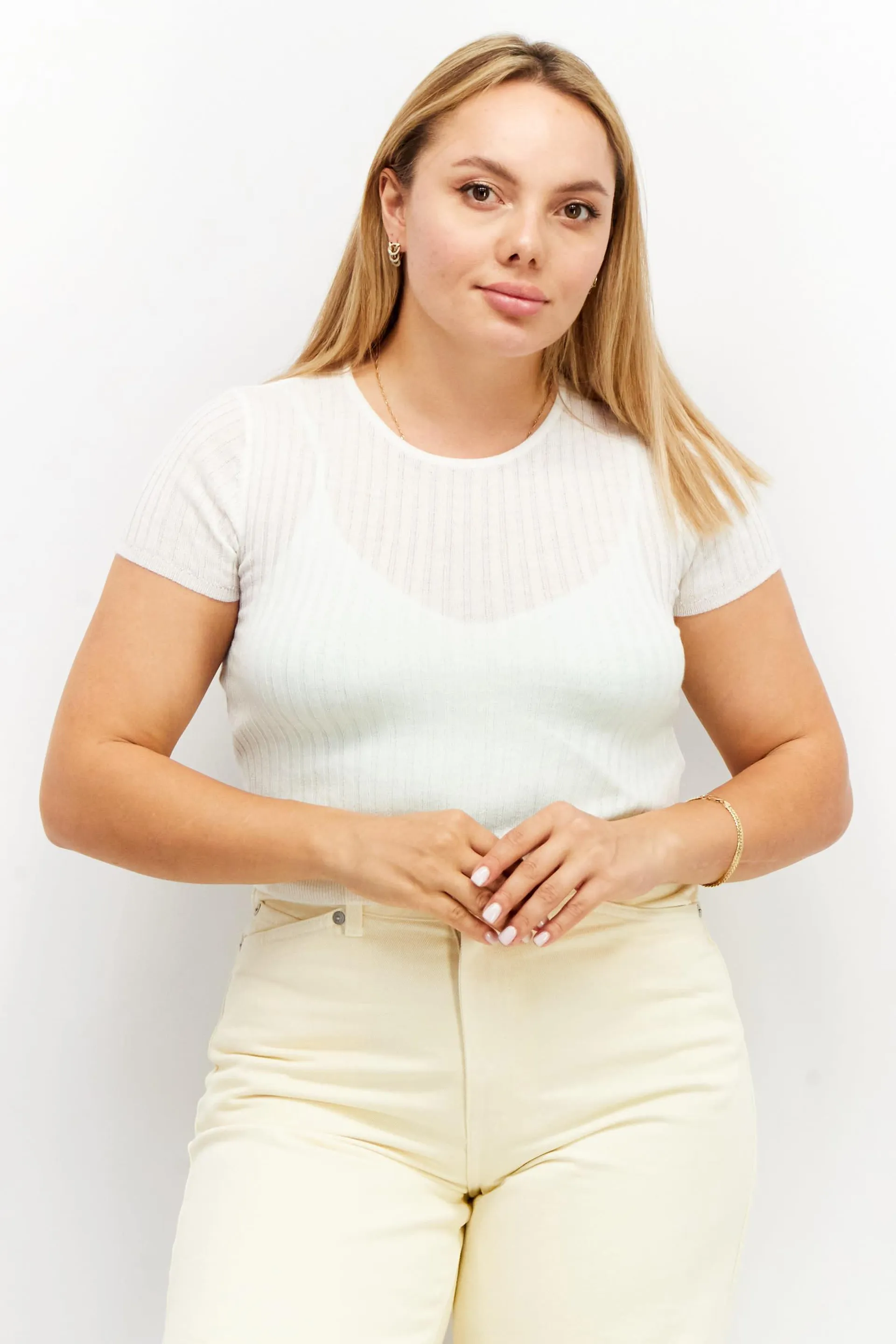 Women Crew Neck Short Sleeve Textured Blouse, White