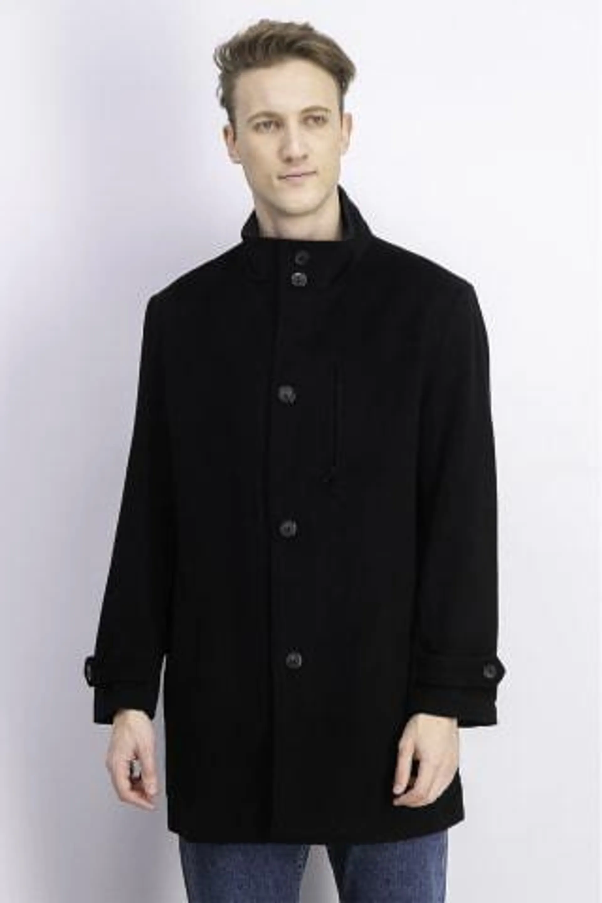 Men Textured Trench Coat Jacket, Black