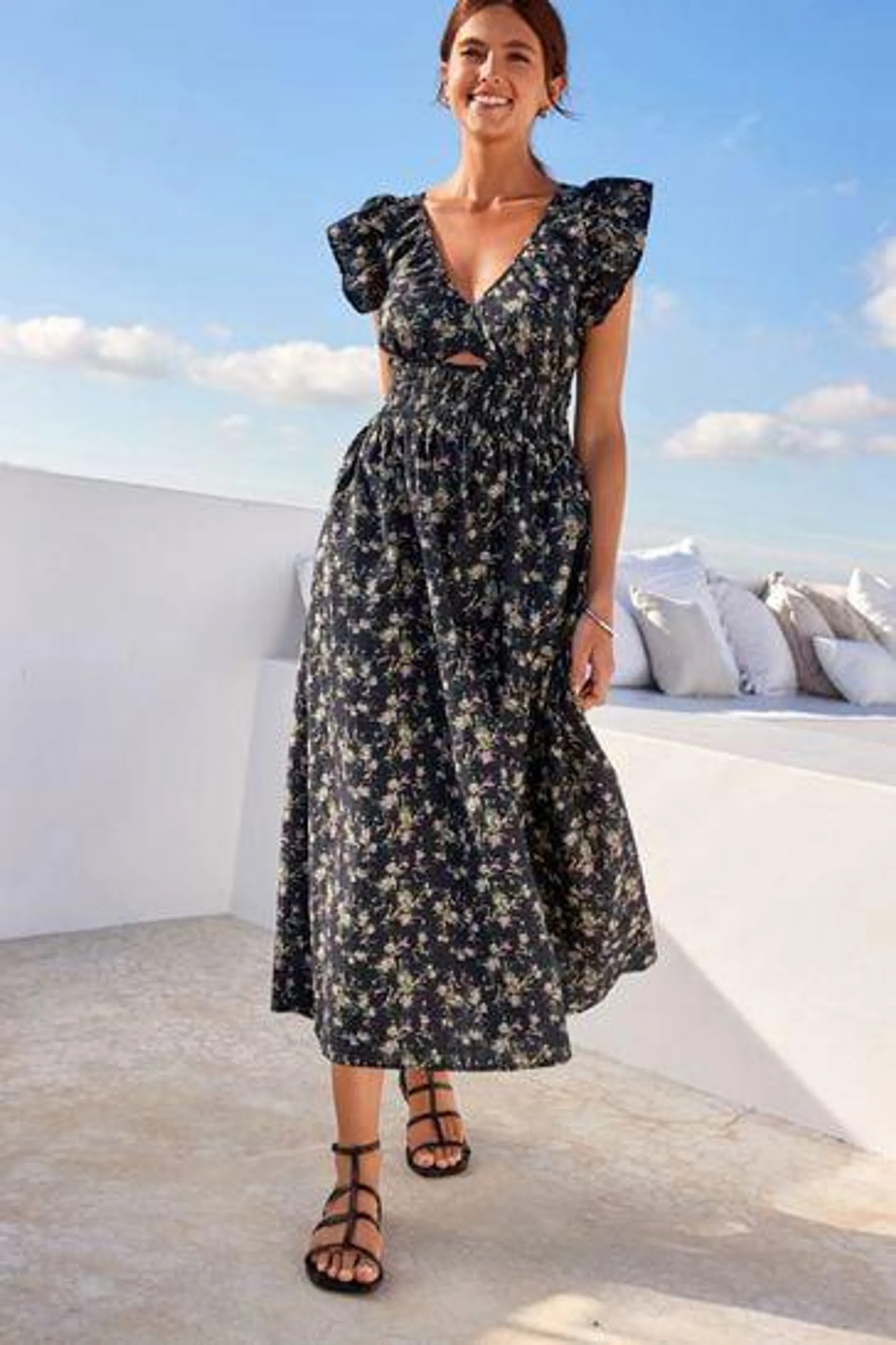 Black Ditsy Floral Tiered Midi Dress
