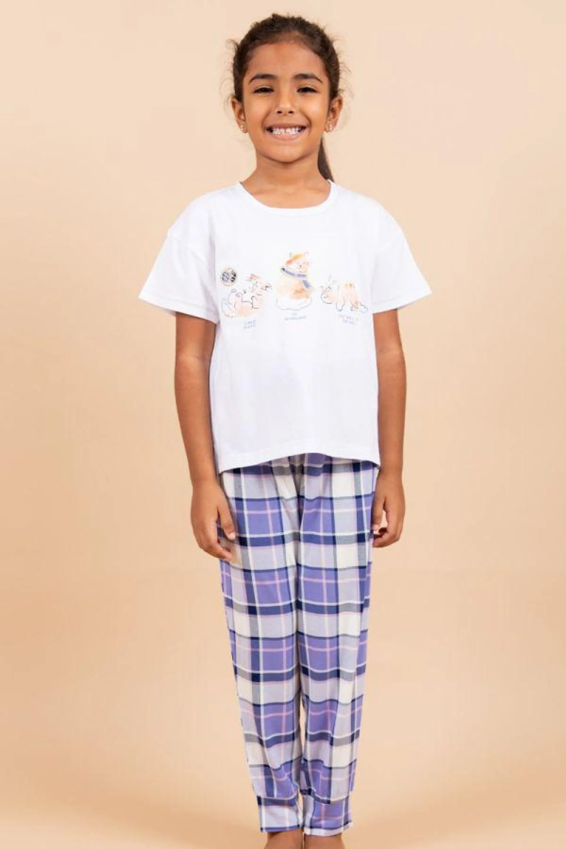 Girls White 3 Cats Check PJ