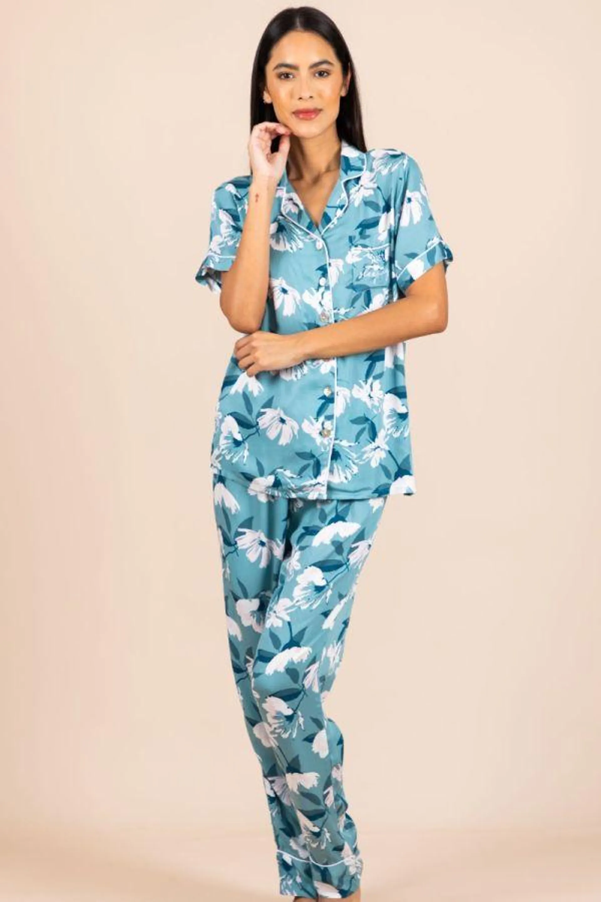 Ladies Green Floral Button Through PJ