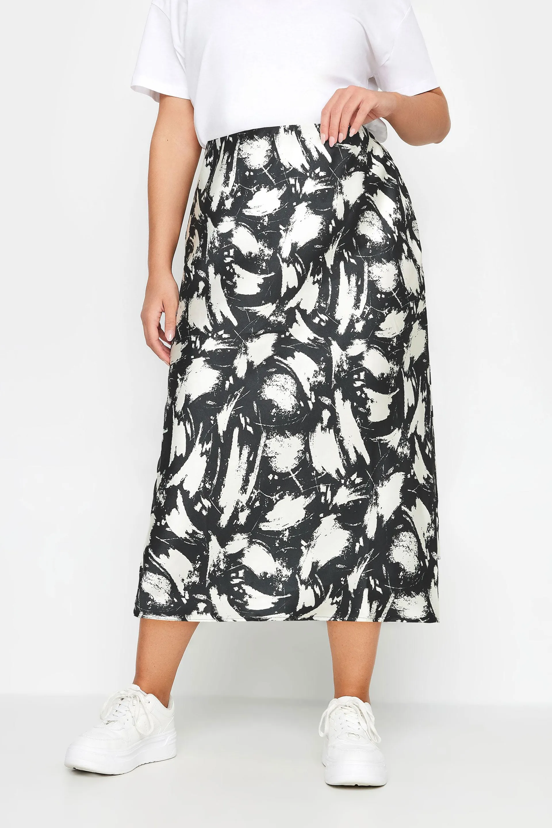 YOURS Curve Black & White Abstract Print Satin Midi Skirt