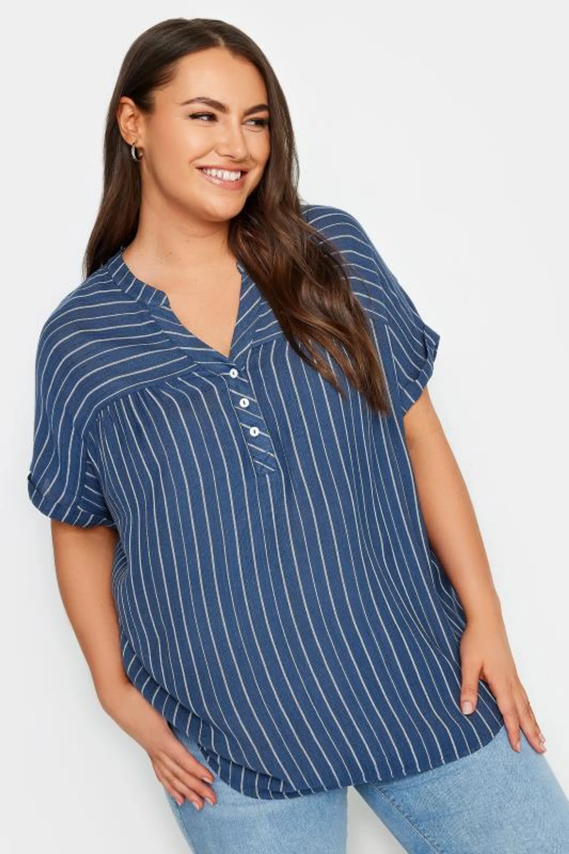 YOURS Curve Navy Blue Stripe Notch Neck Blouse