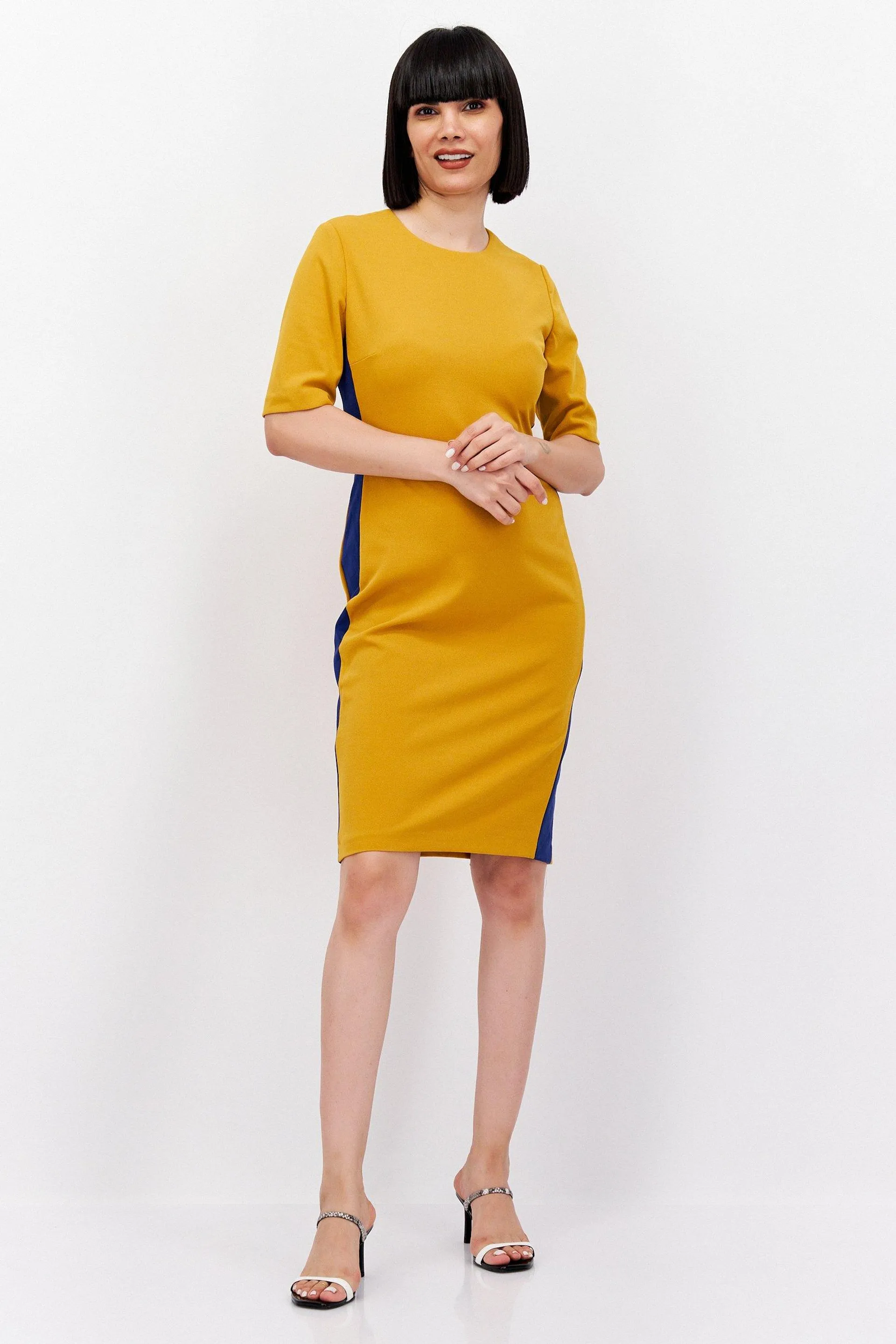 Women Textured Midi Dress, Mustard Combo