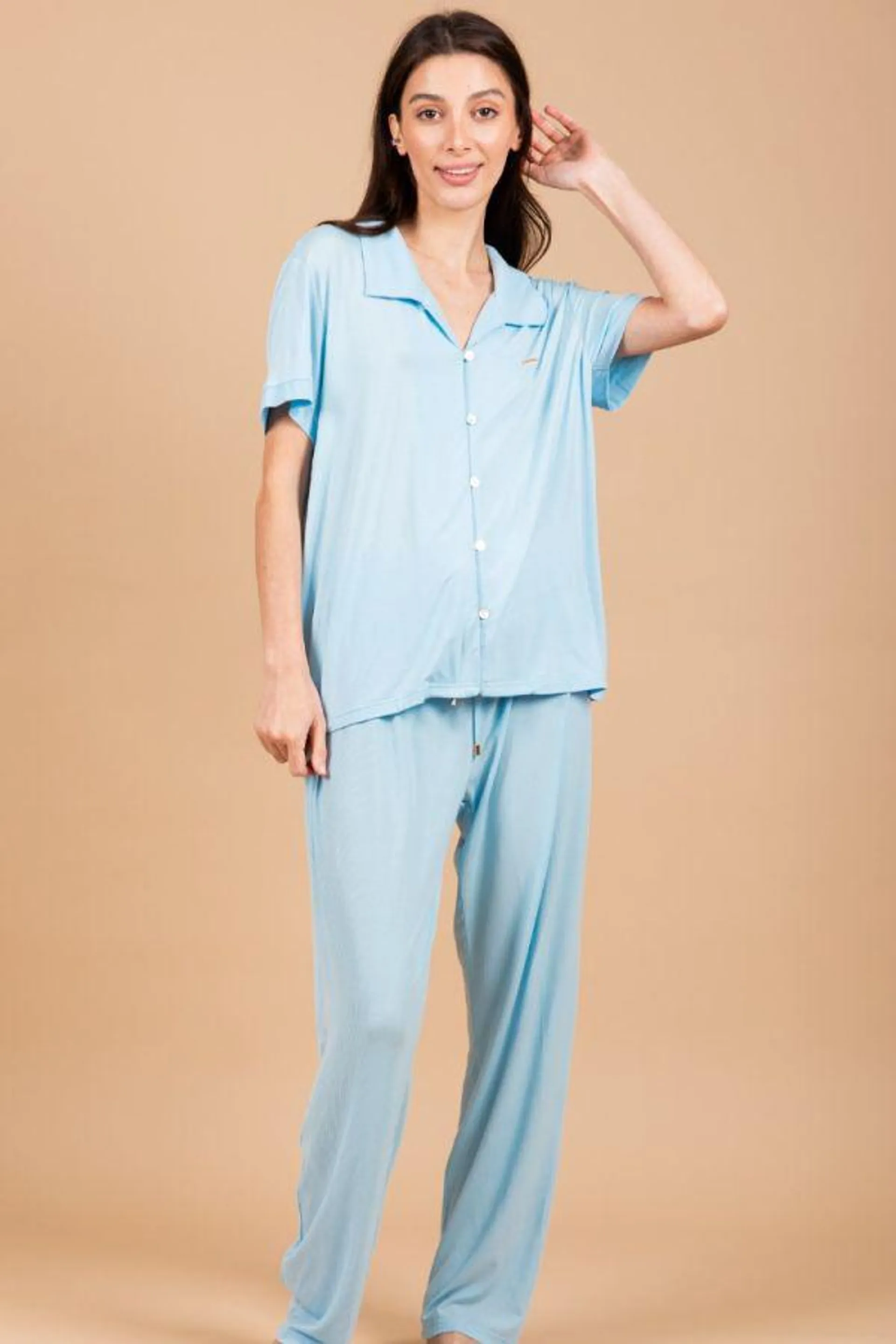 Ladies Blue Rib Trim Button Through PJ