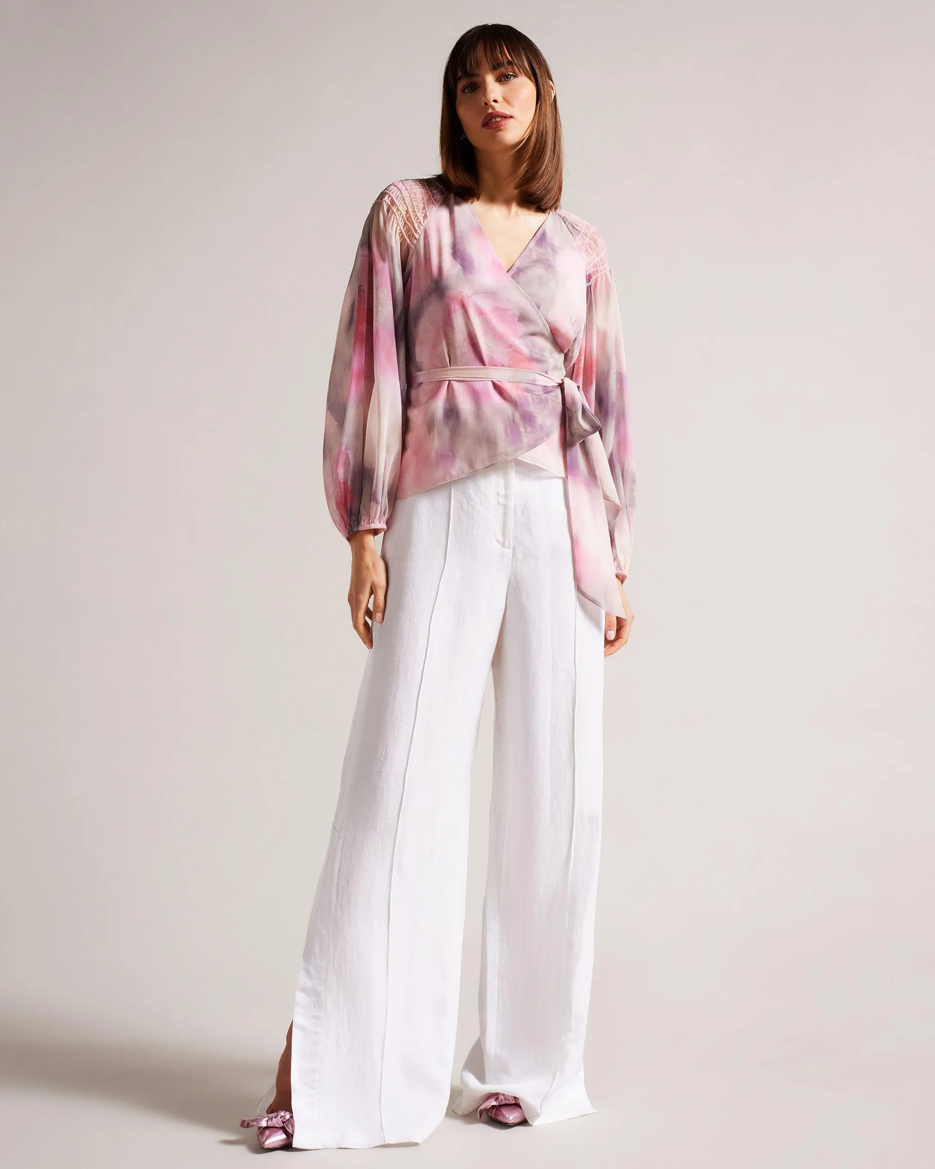 Wrap Blouse with Smocked Shoulder