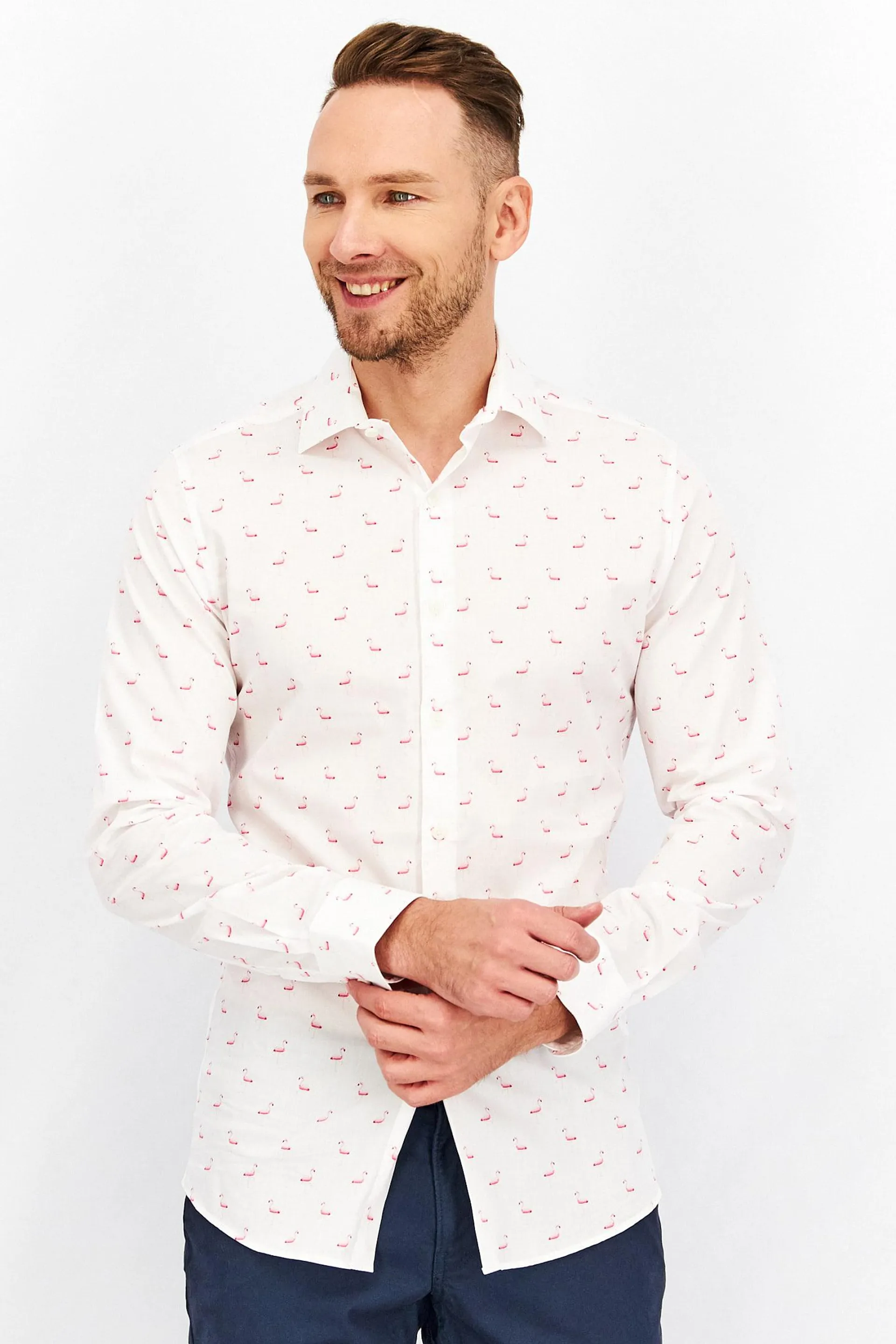 Men Slim Fit Allover Print Long Sleeve Dress Shirt, White/Pink