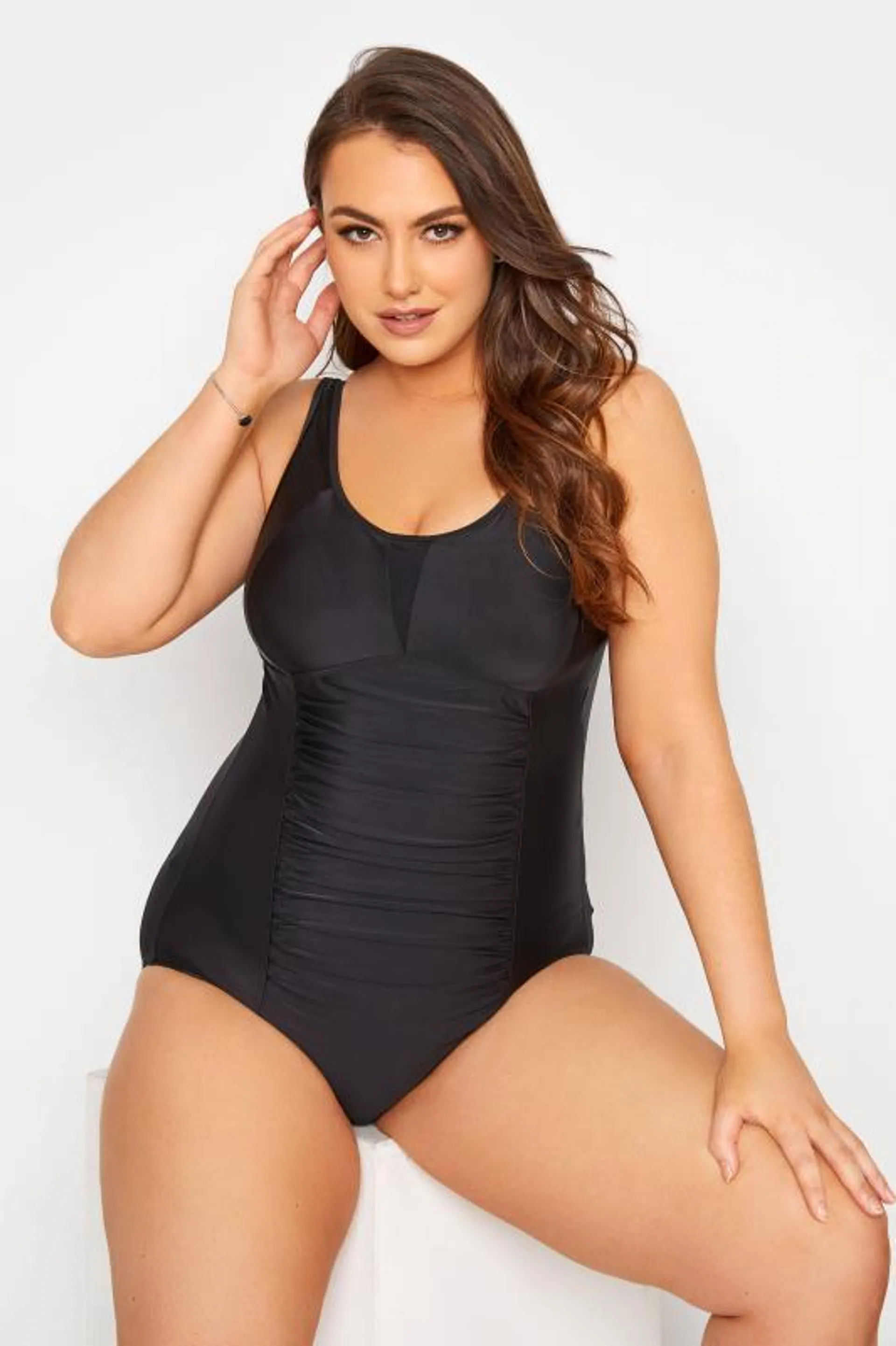 YOURS Curve Black Ruched Mesh Tummy Control Swimsuit