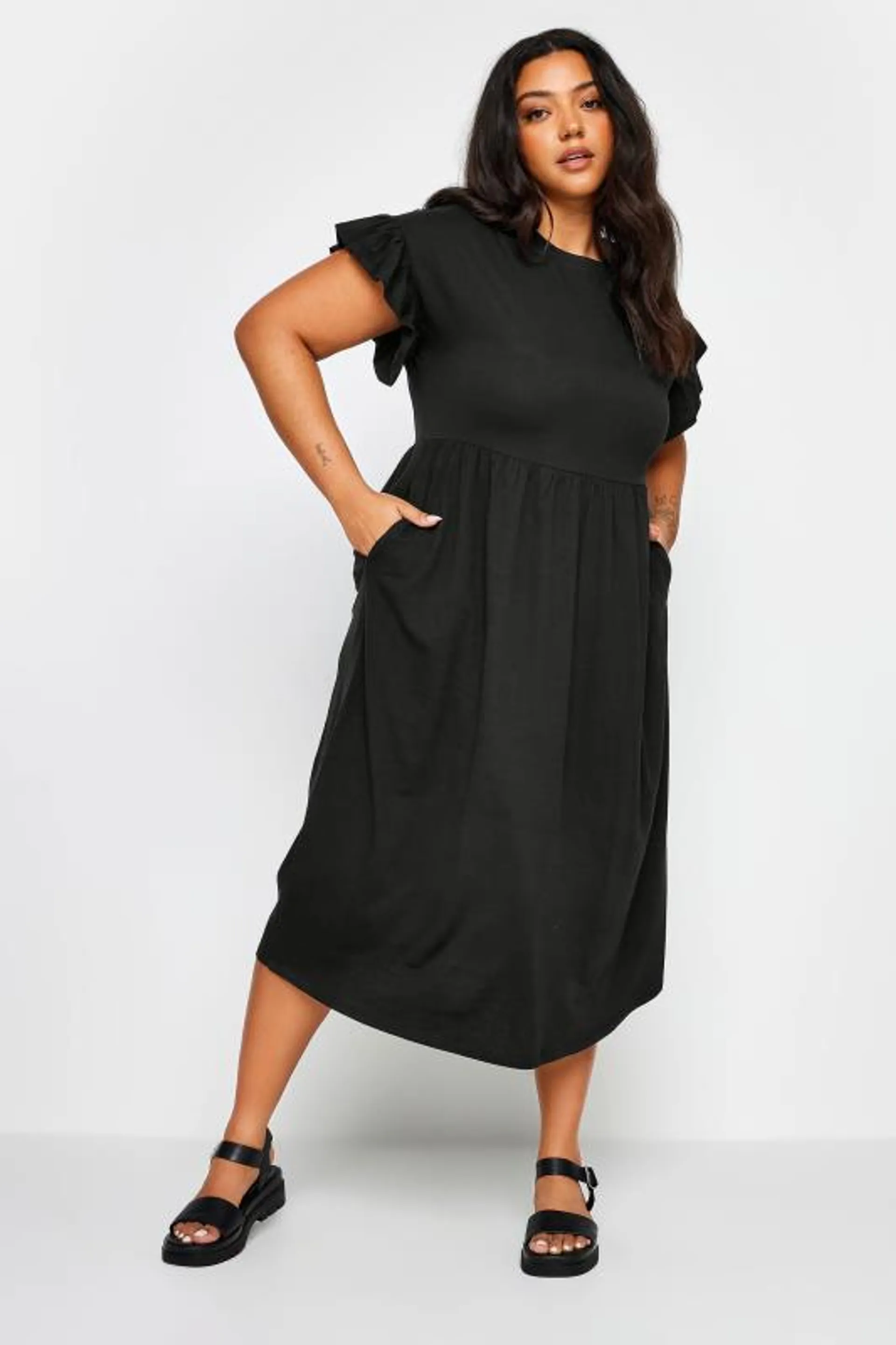 YOURS Curve Black Pure Cotton Frill Sleeve Midaxi Dress