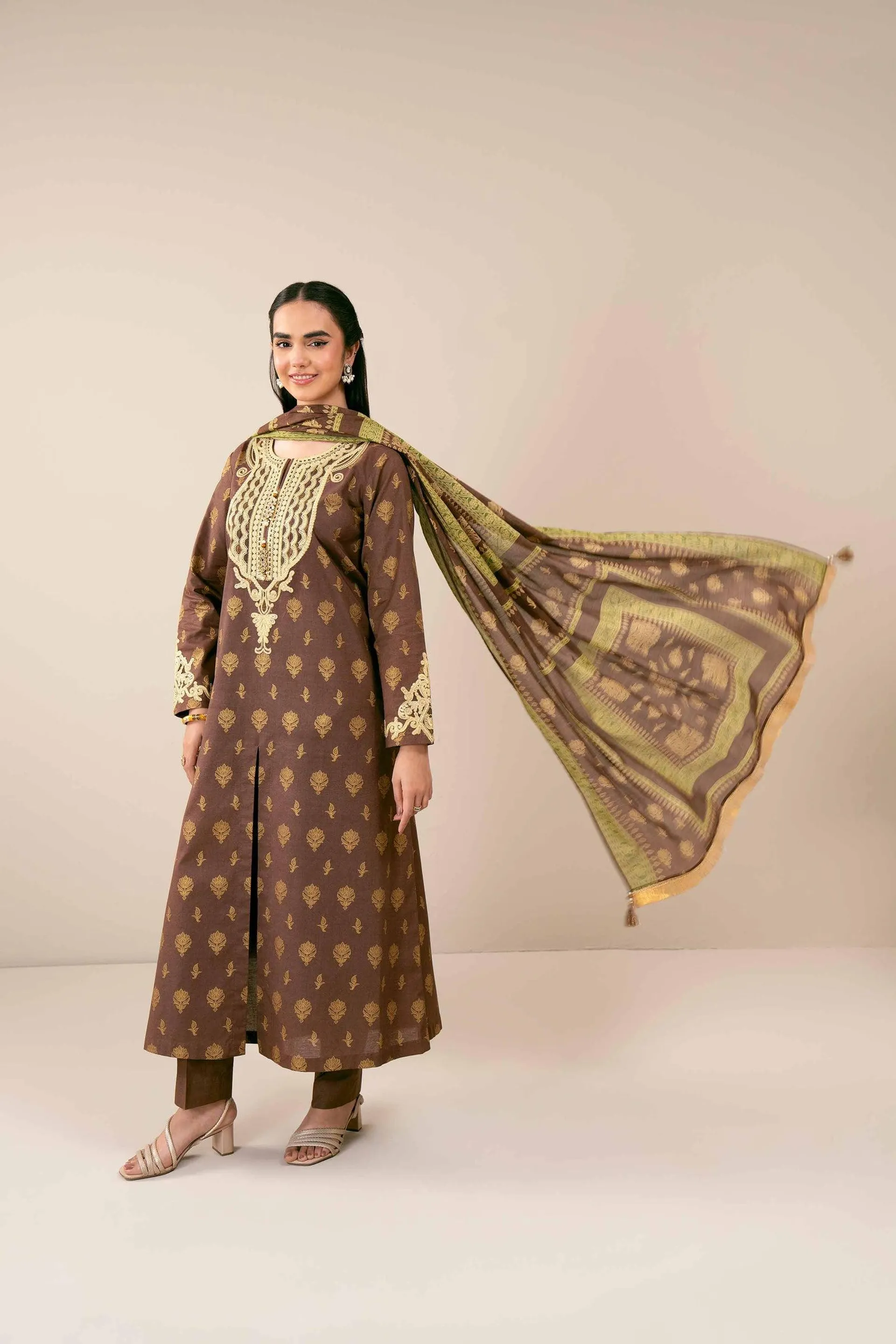 3 Piece - Gold Printed Embroidered Suit - 42401860