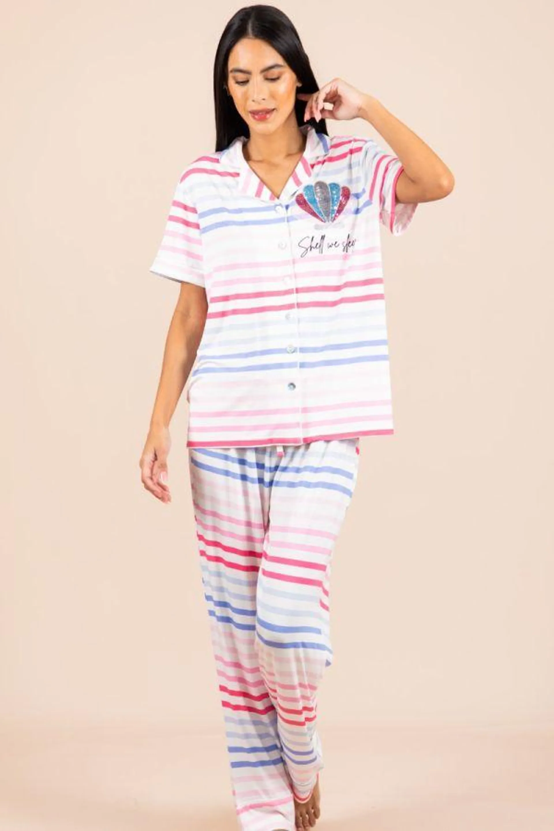 Ladies Red Multi Colour Stripe Shell Button Through PJ