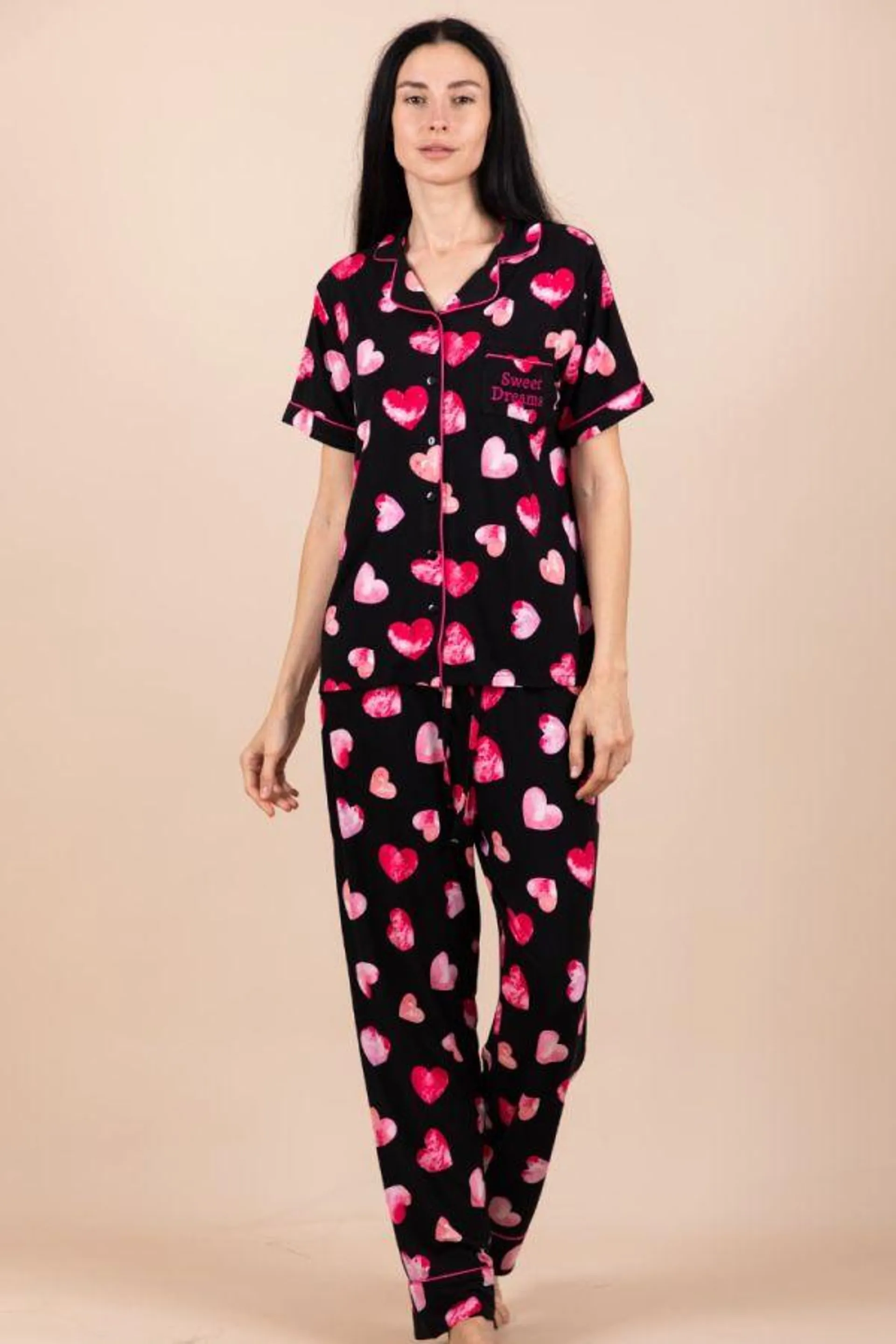 Ladies Black Heart Button Through PJ